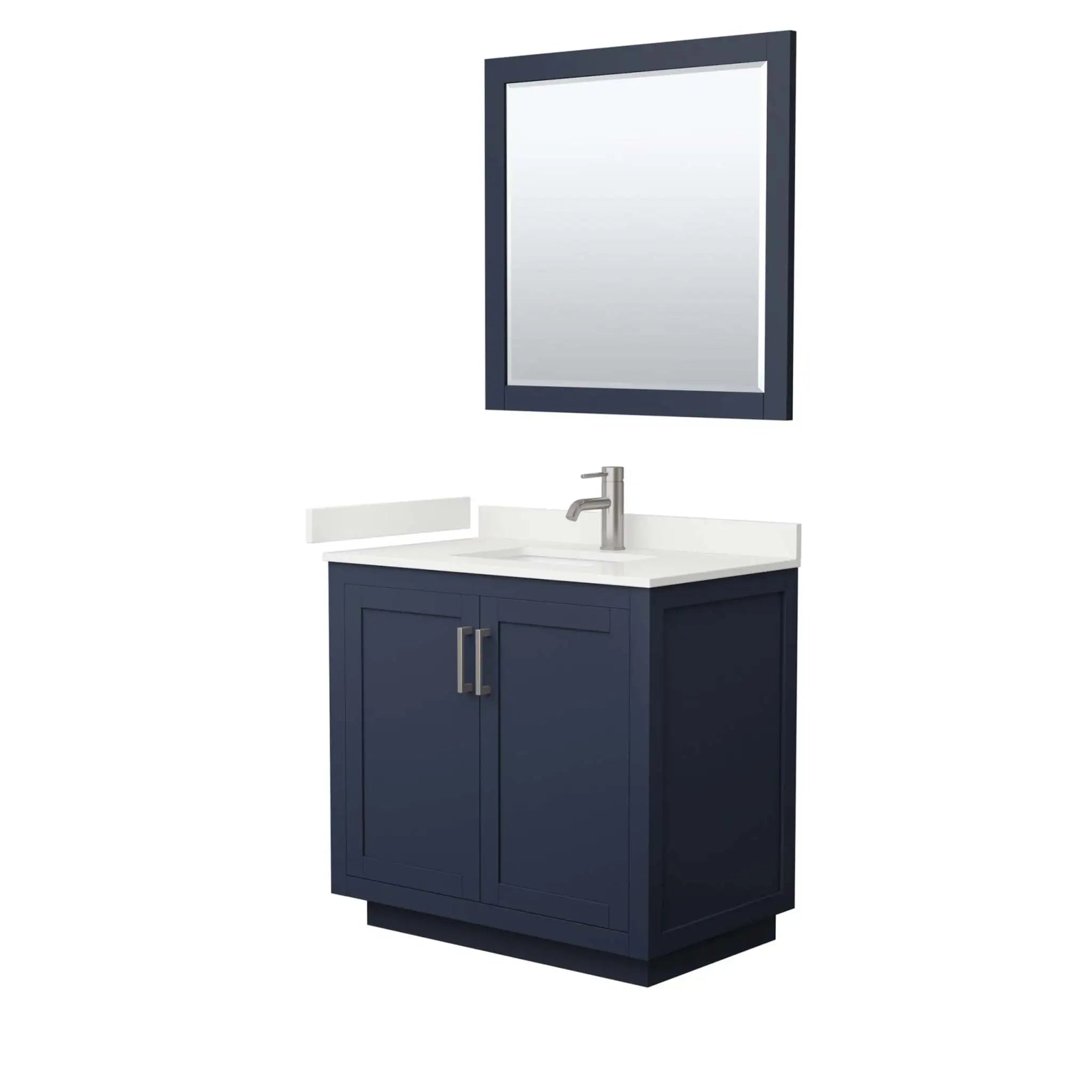 36" Miranda Single Bathroom Vanity in Dark Blue with Brushed Nickel Trim & 34" Mirror by Wyndham