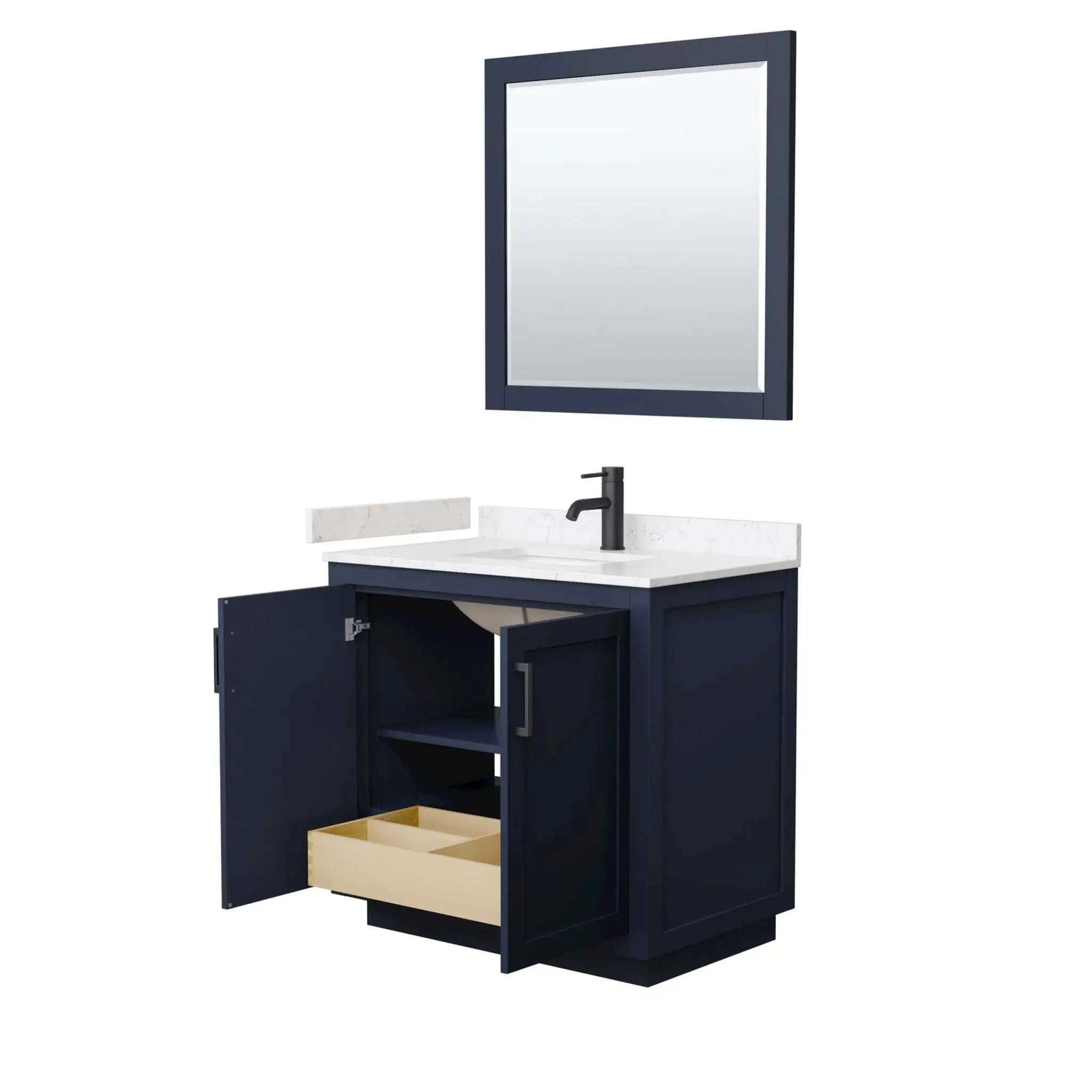 36" Miranda Single Bathroom Vanity in Dark Blue with Matte Black Trim & 34" Mirror by Wyndham