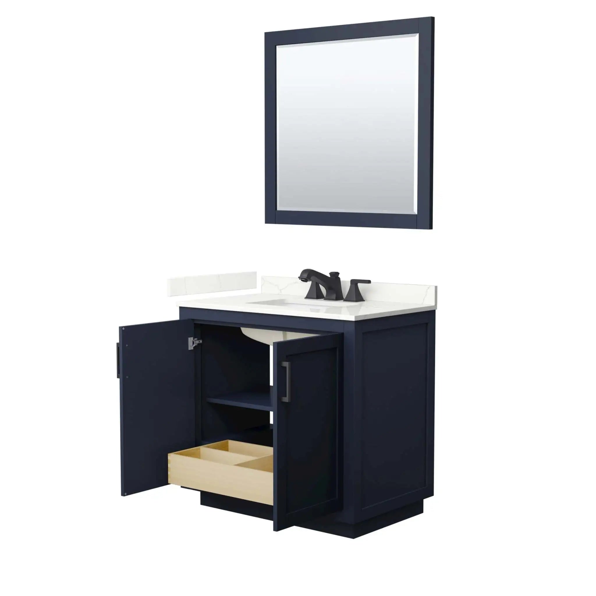 36" Miranda Single Bathroom Vanity in Dark Blue with Matte Black Trim & 34" Mirror by Wyndham