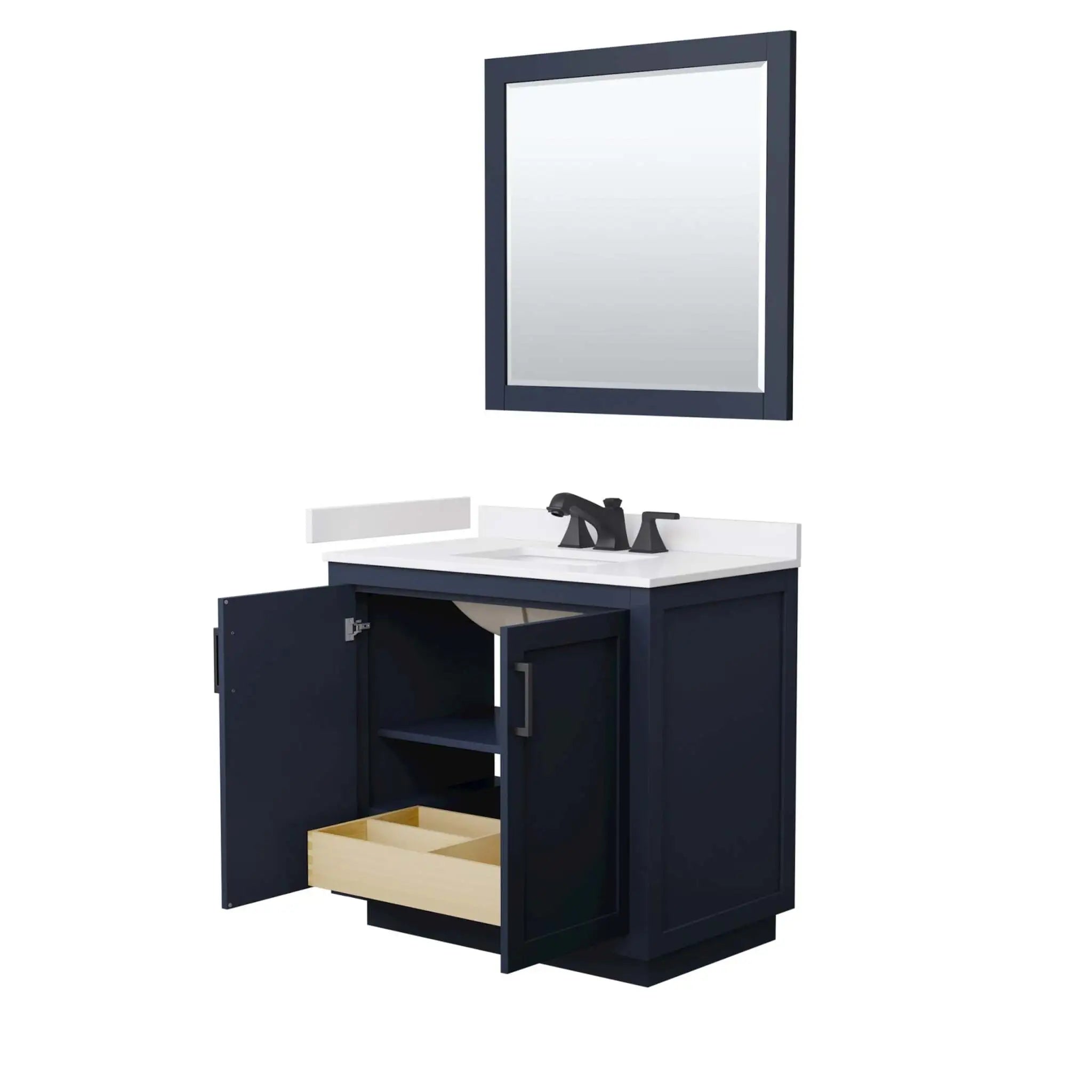 36" Miranda Single Bathroom Vanity in Dark Blue with Matte Black Trim & 34" Mirror by Wyndham