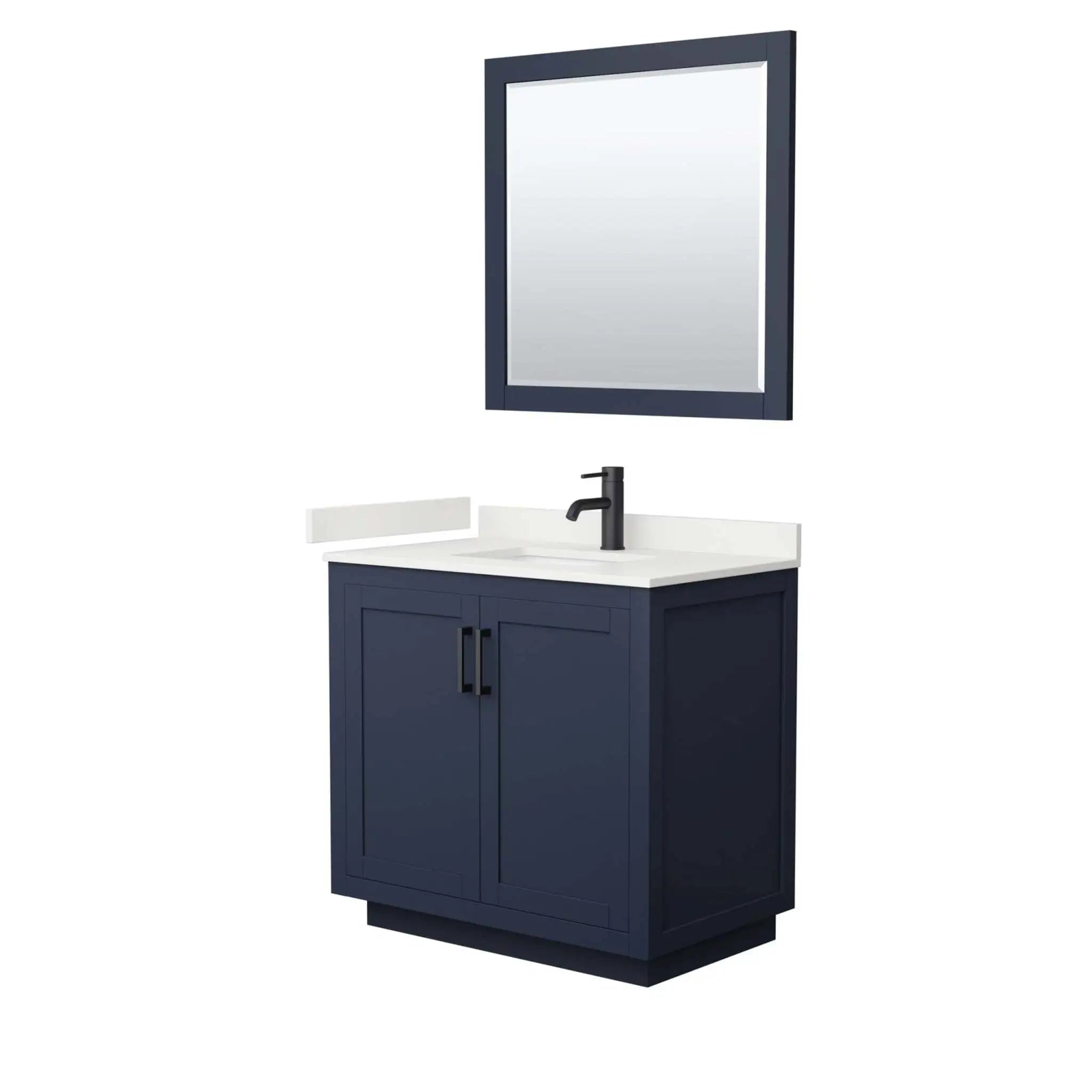 36" Miranda Single Bathroom Vanity in Dark Blue with Matte Black Trim & 34" Mirror by Wyndham