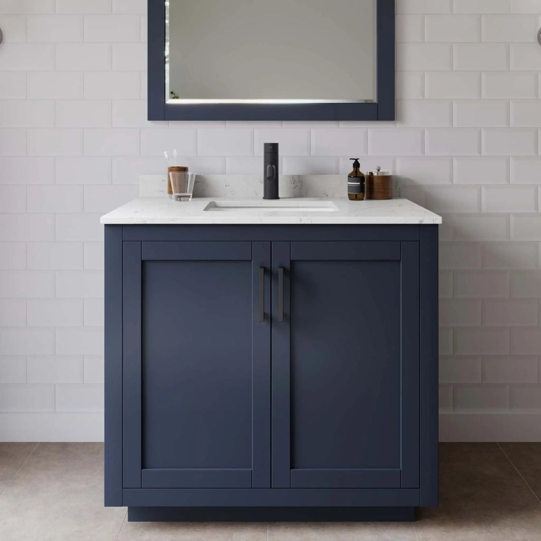 36" Miranda Single Bathroom Vanity in Dark Blue with Matte Black Trim by Wyndham