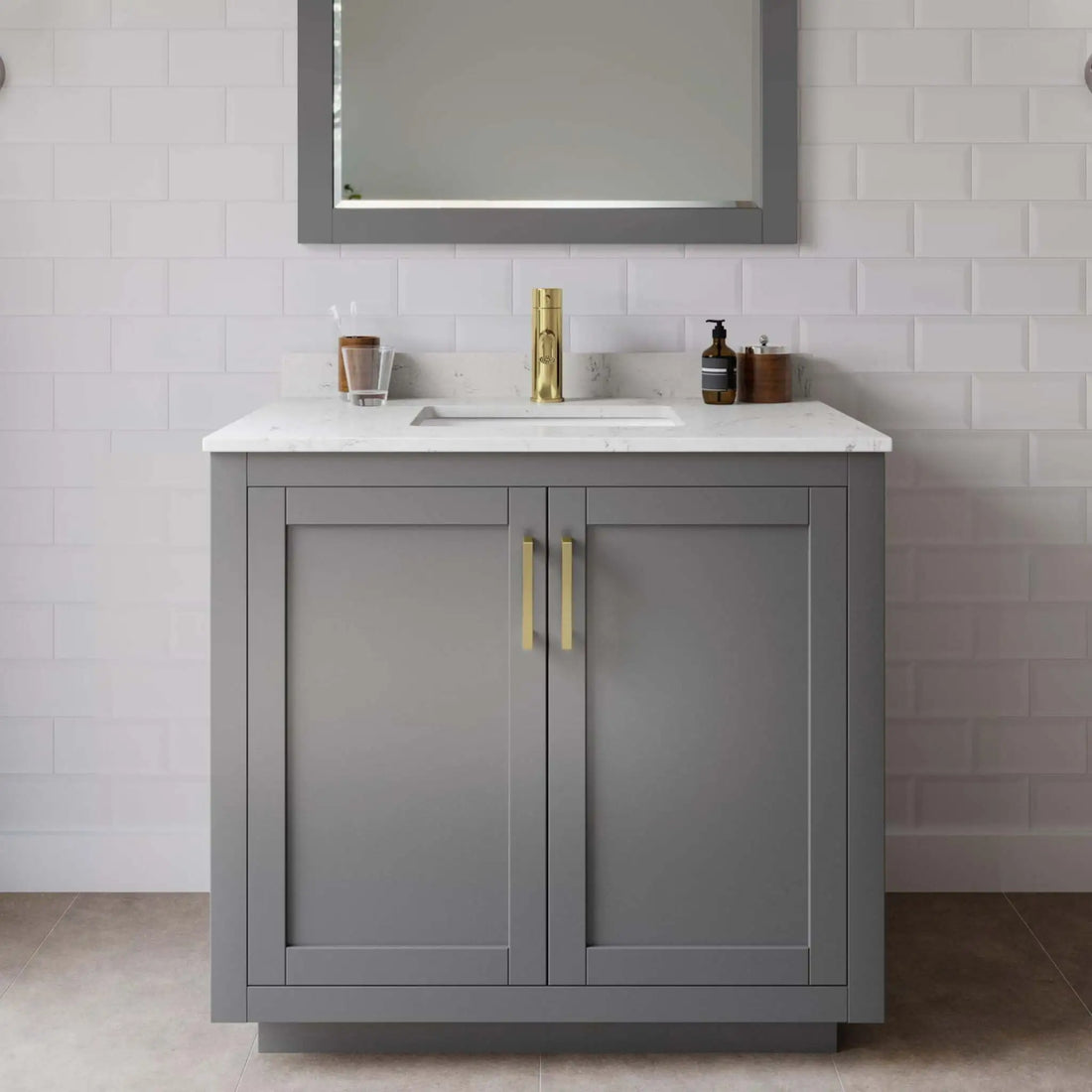 36" Miranda Single Bathroom Vanity in Dark Gray with Brushed Gold Trim & 34" Mirror by Wyndham