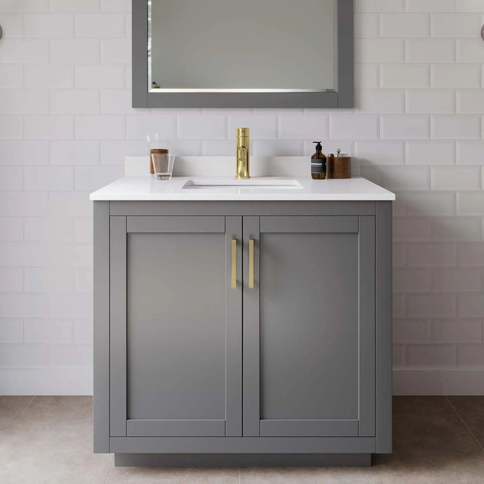 36" Miranda Single Bathroom Vanity in Dark Gray with Brushed Gold Trim & 34" Mirror by Wyndham