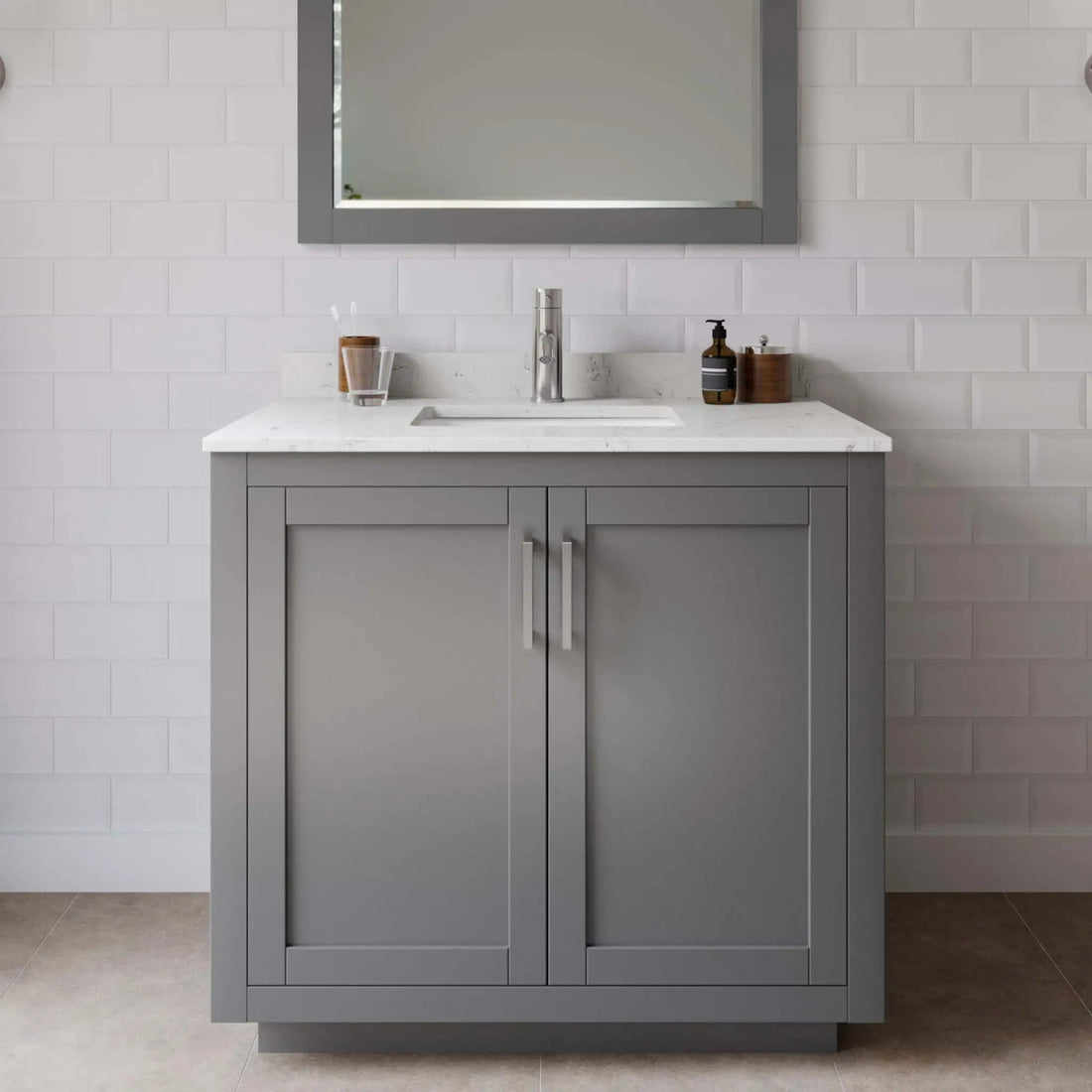 36" Miranda Single Bathroom Vanity in Dark Gray with Brushed Nickel Trim & 34" Mirror by Wyndham