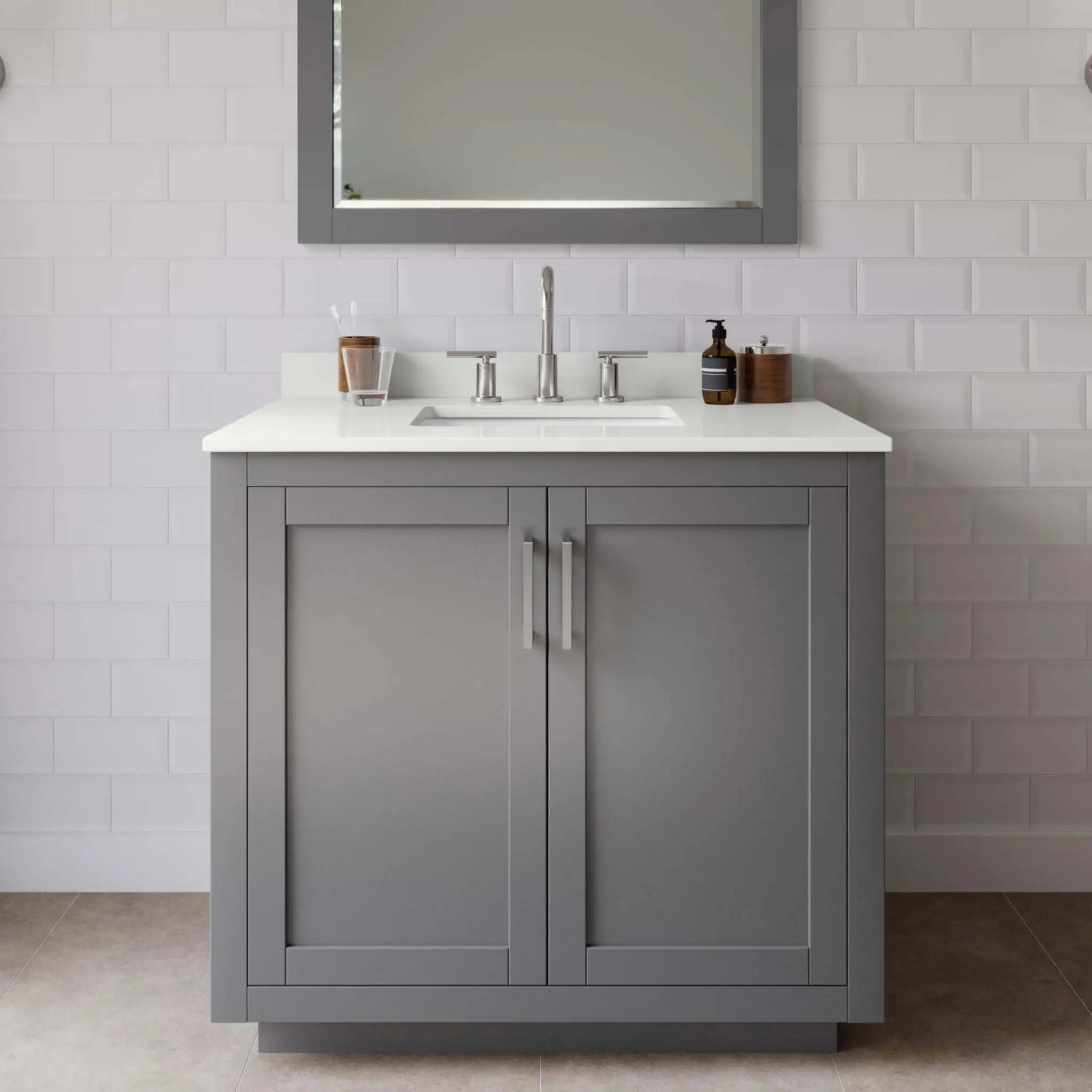 36" Miranda Single Bathroom Vanity in Dark Gray with Brushed Nickel Trim & 34" Mirror by Wyndham