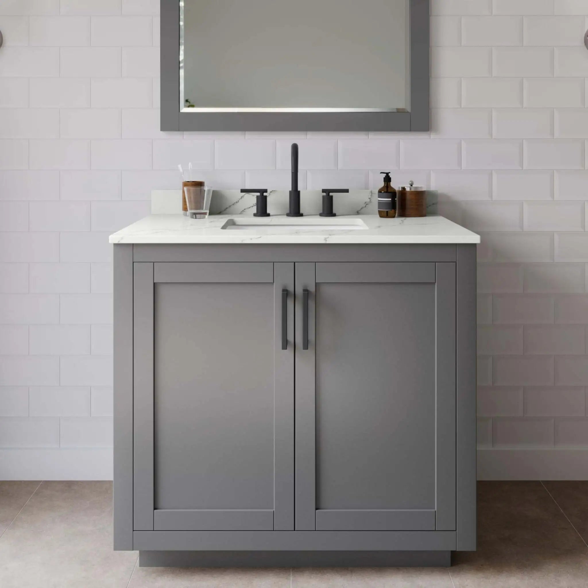 36" Miranda Single Bathroom Vanity in Dark Gray with Matte Black Trim & 34" Mirror by Wyndham