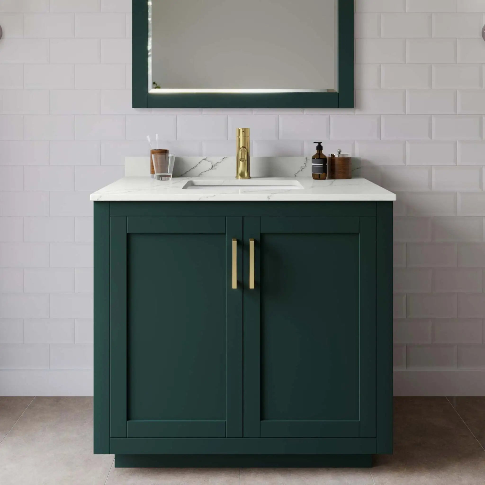 36" Miranda Single Bathroom Vanity in Green with Brushed Gold Trim & 34" Mirror by Wyndham