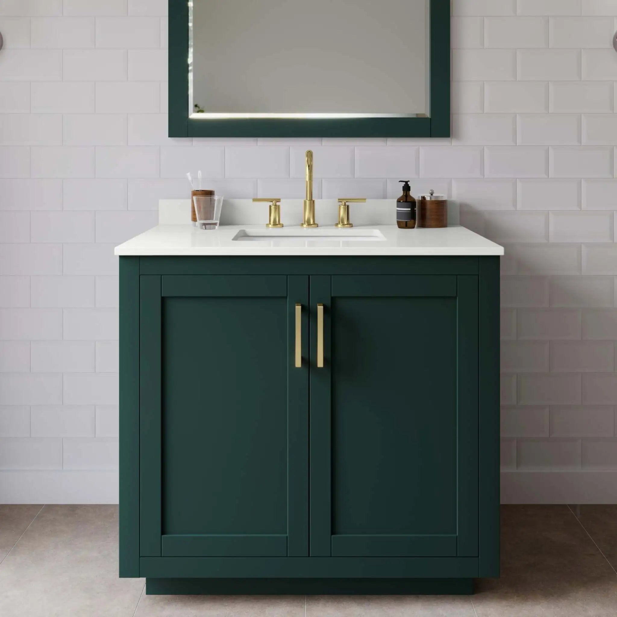 36" Miranda Single Bathroom Vanity in Green with Brushed Gold Trim & 34" Mirror by Wyndham