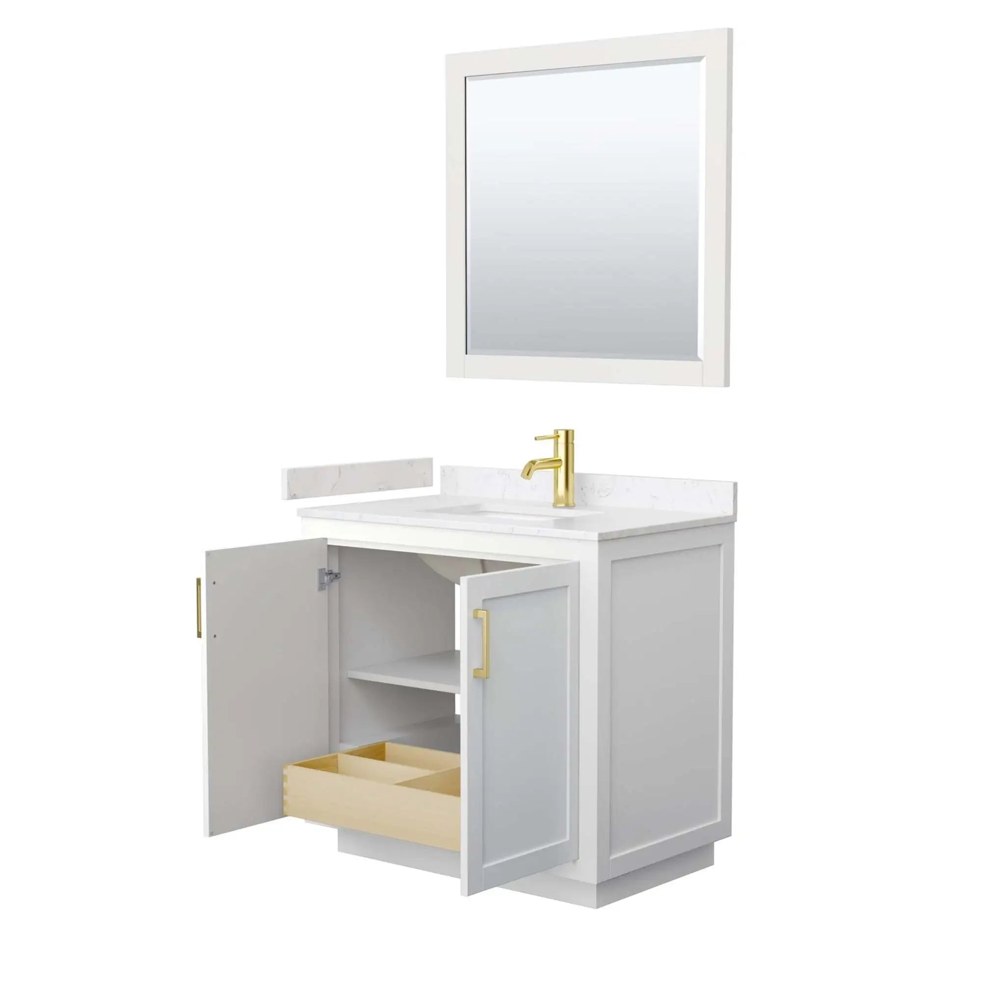 36" Miranda Single Bathroom Vanity in White with Brushed Gold Trim & 34" Mirror by Wyndham