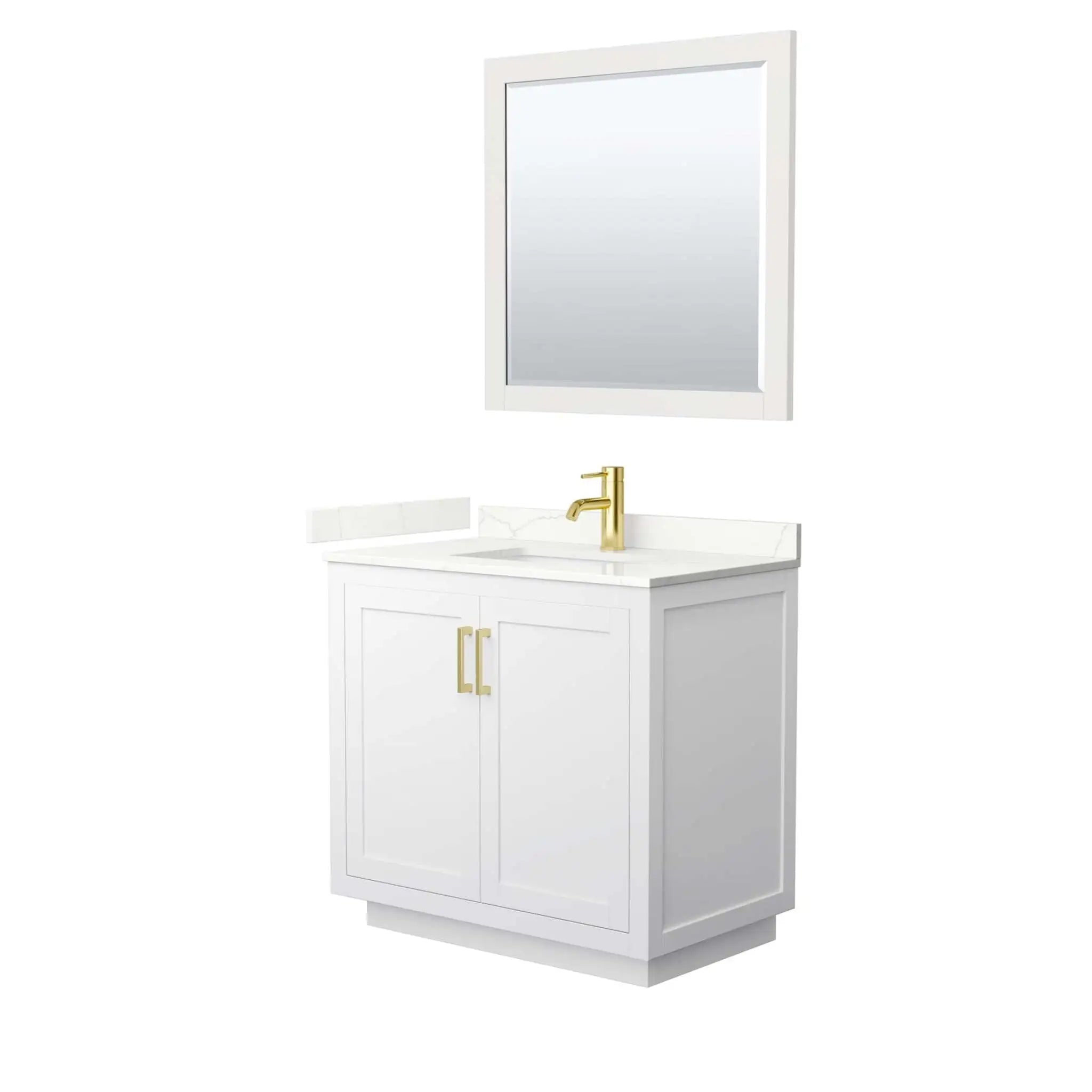36" Miranda Single Bathroom Vanity in White with Brushed Gold Trim & 34" Mirror by Wyndham