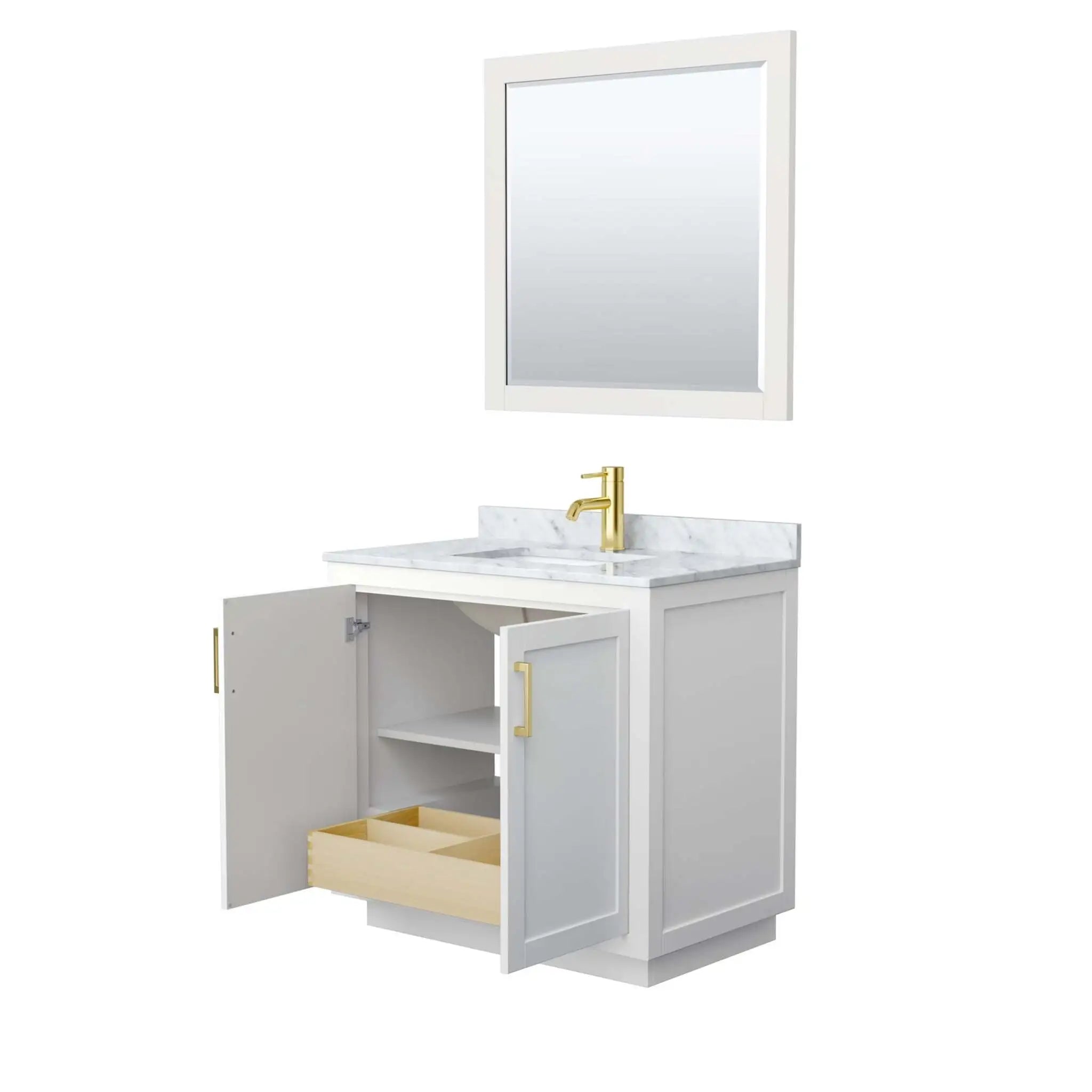 36" Miranda Single Bathroom Vanity in White with Brushed Gold Trim & 34" Mirror by Wyndham