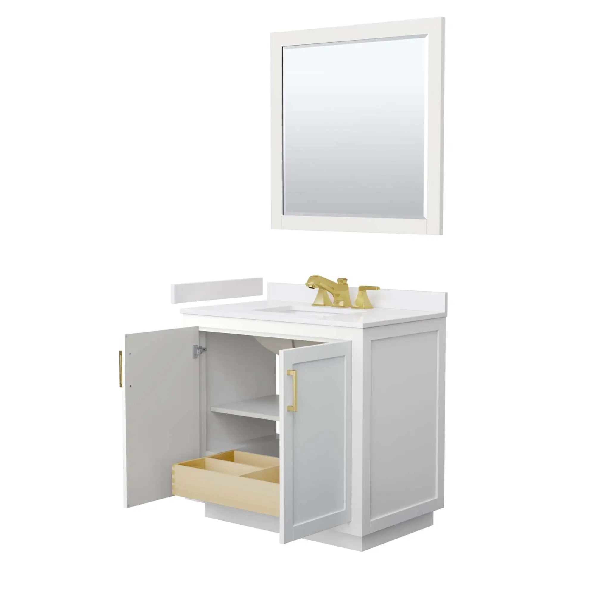 36" Miranda Single Bathroom Vanity in White with Brushed Gold Trim & 34" Mirror by Wyndham