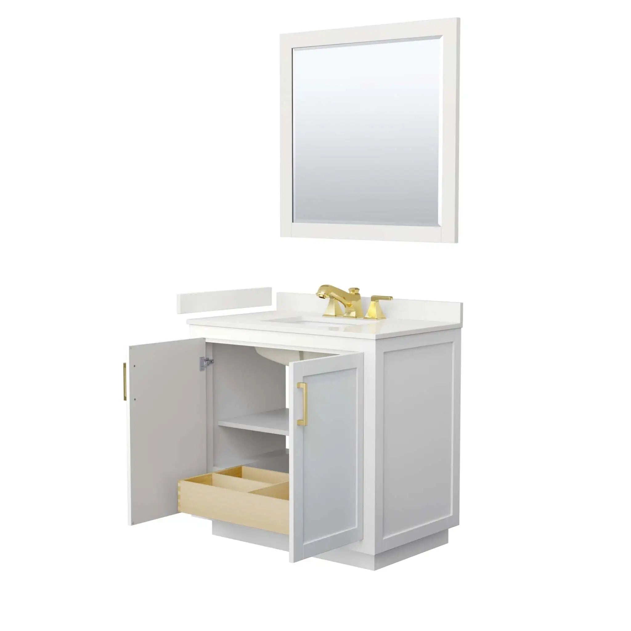 36" Miranda Single Bathroom Vanity in White with Brushed Gold Trim & 34" Mirror by Wyndham