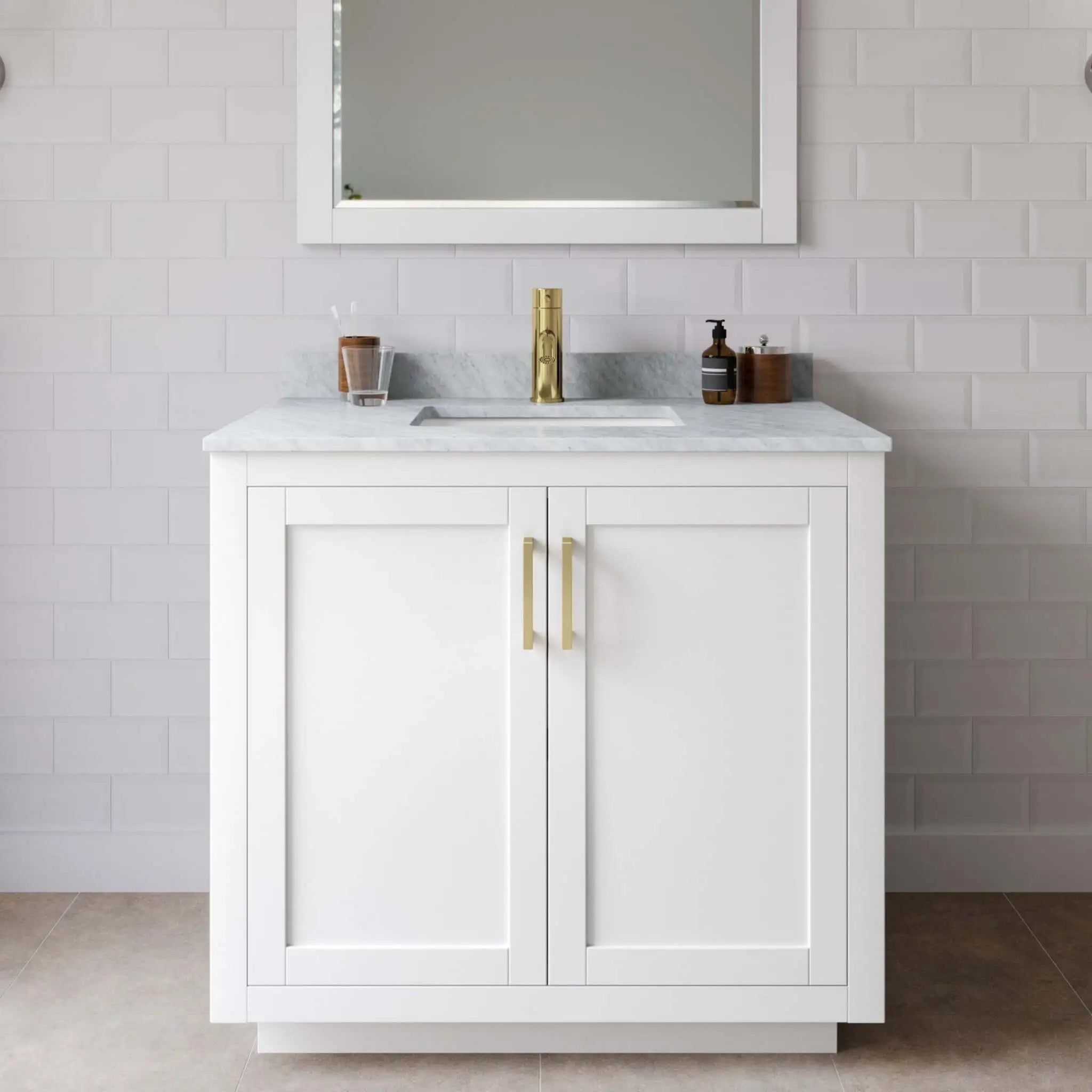 36" Miranda Single Bathroom Vanity in White with Brushed Gold Trim by Wyndham