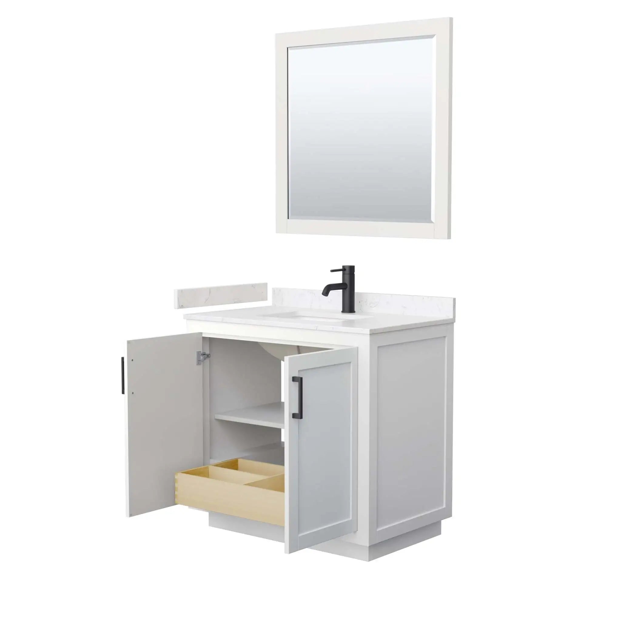 36" Miranda Single Bathroom Vanity in White with Matte Black Trim & 34" Mirror by Wyndham