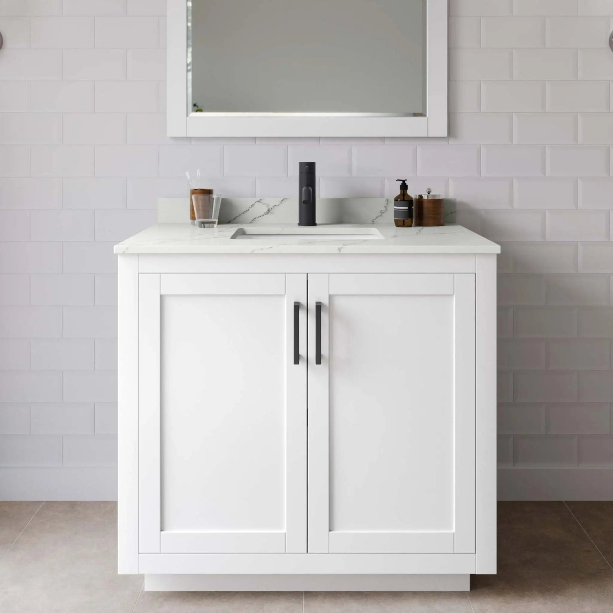 36" Miranda Single Bathroom Vanity in White with Matte Black Trim & 34" Mirror by Wyndham