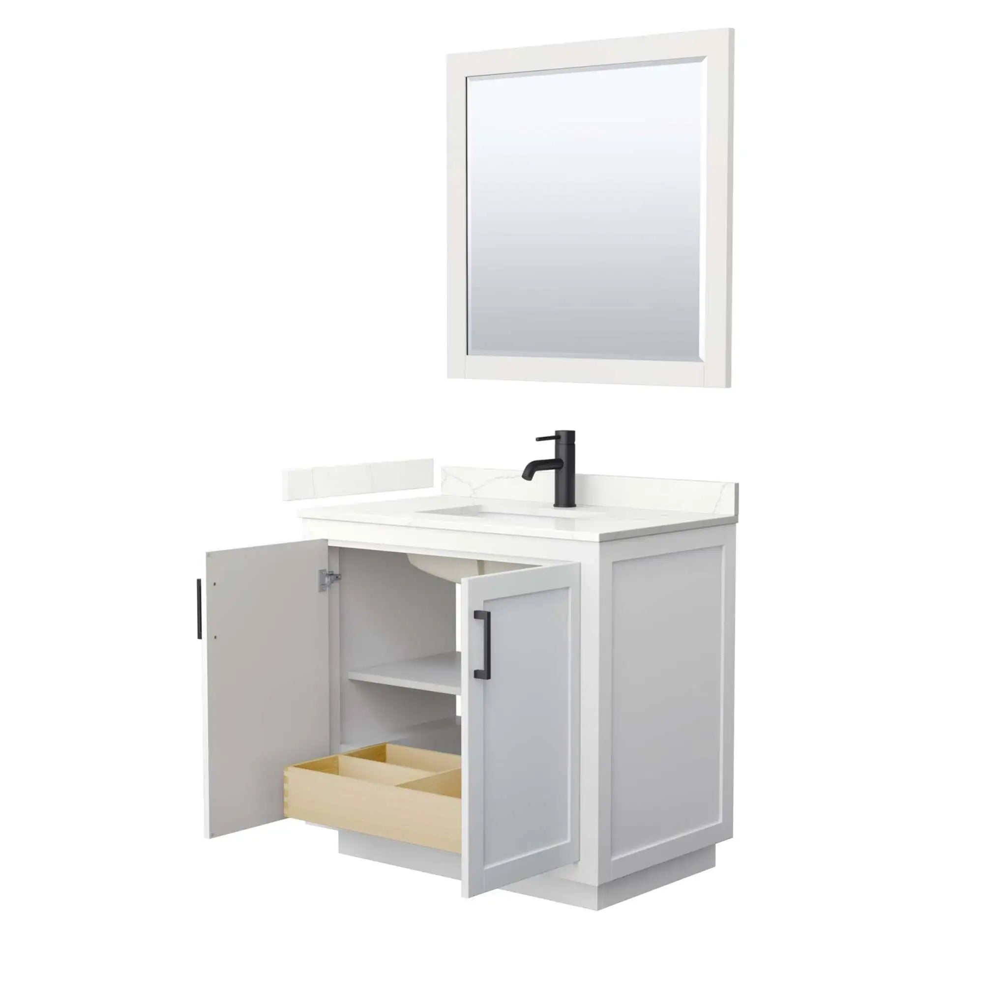 36" Miranda Single Bathroom Vanity in White with Matte Black Trim & 34" Mirror by Wyndham