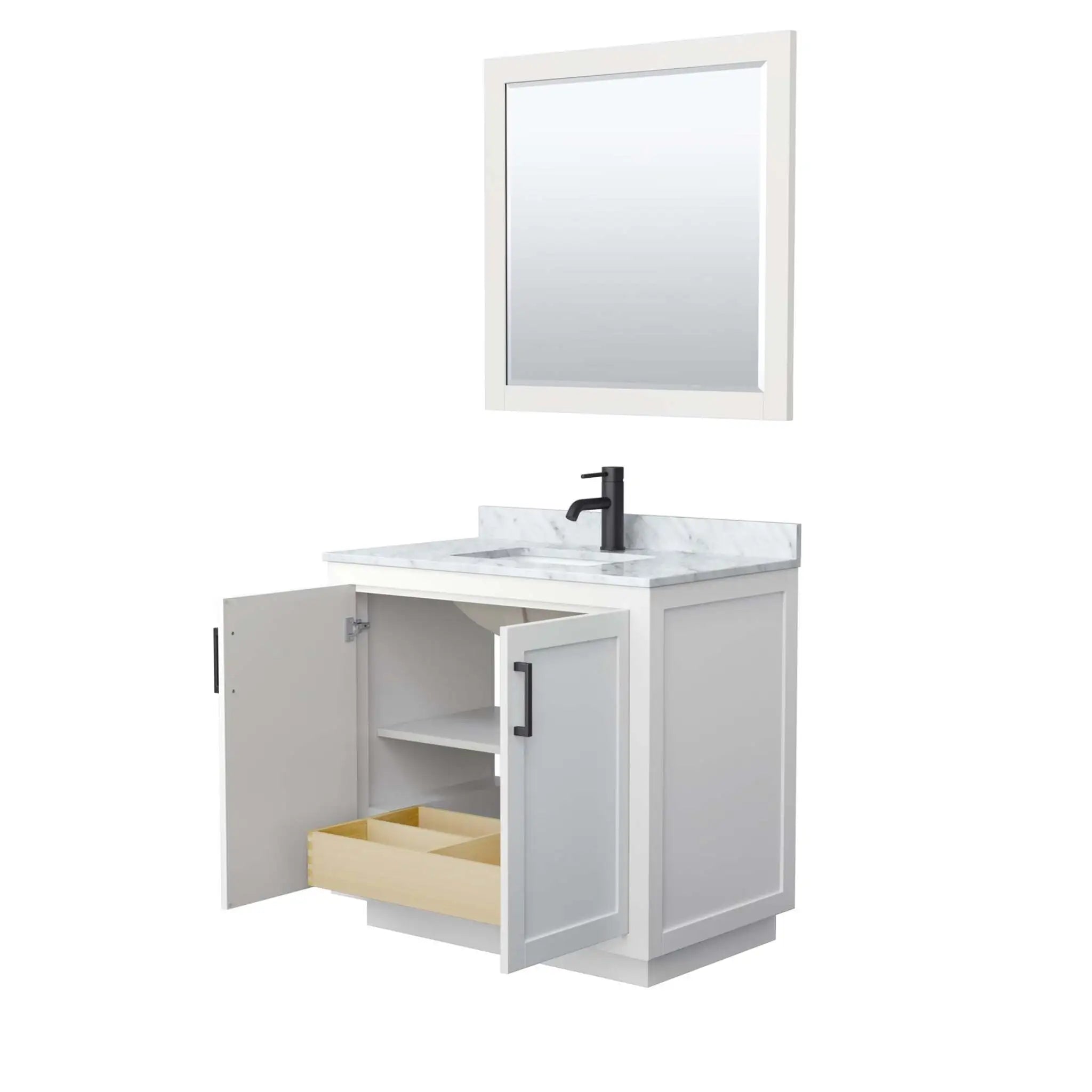 36" Miranda Single Bathroom Vanity in White with Matte Black Trim & 34" Mirror by Wyndham