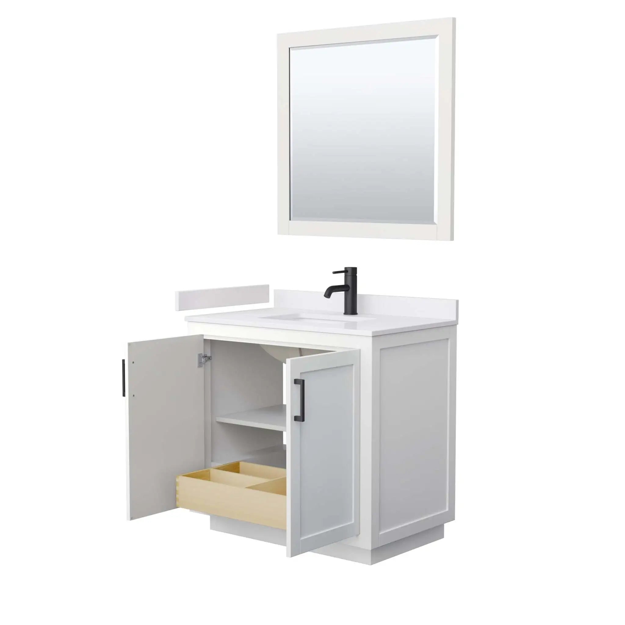 36" Miranda Single Bathroom Vanity in White with Matte Black Trim & 34" Mirror by Wyndham