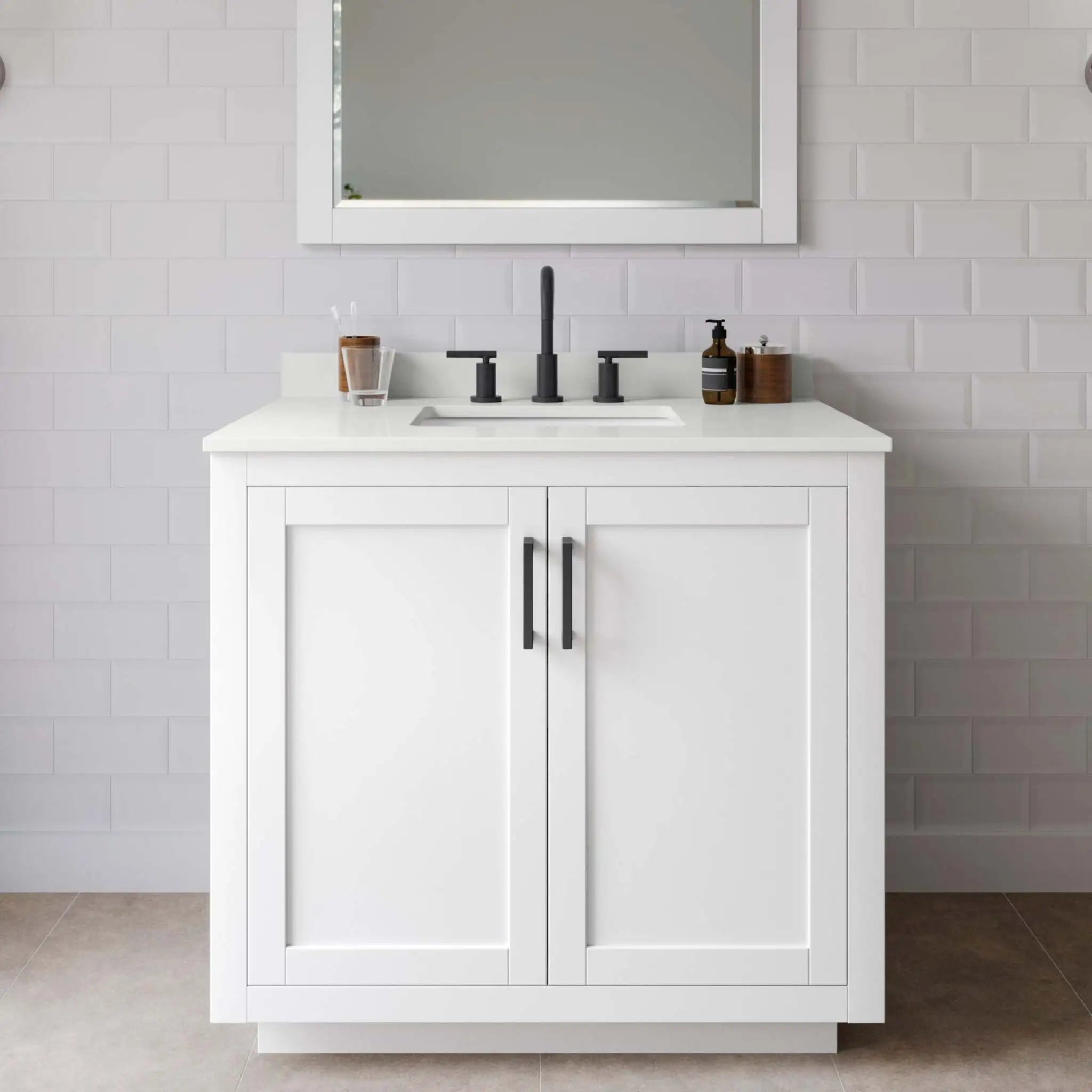 36" Miranda Single Bathroom Vanity in White with Matte Black Trim & 34" Mirror by Wyndham