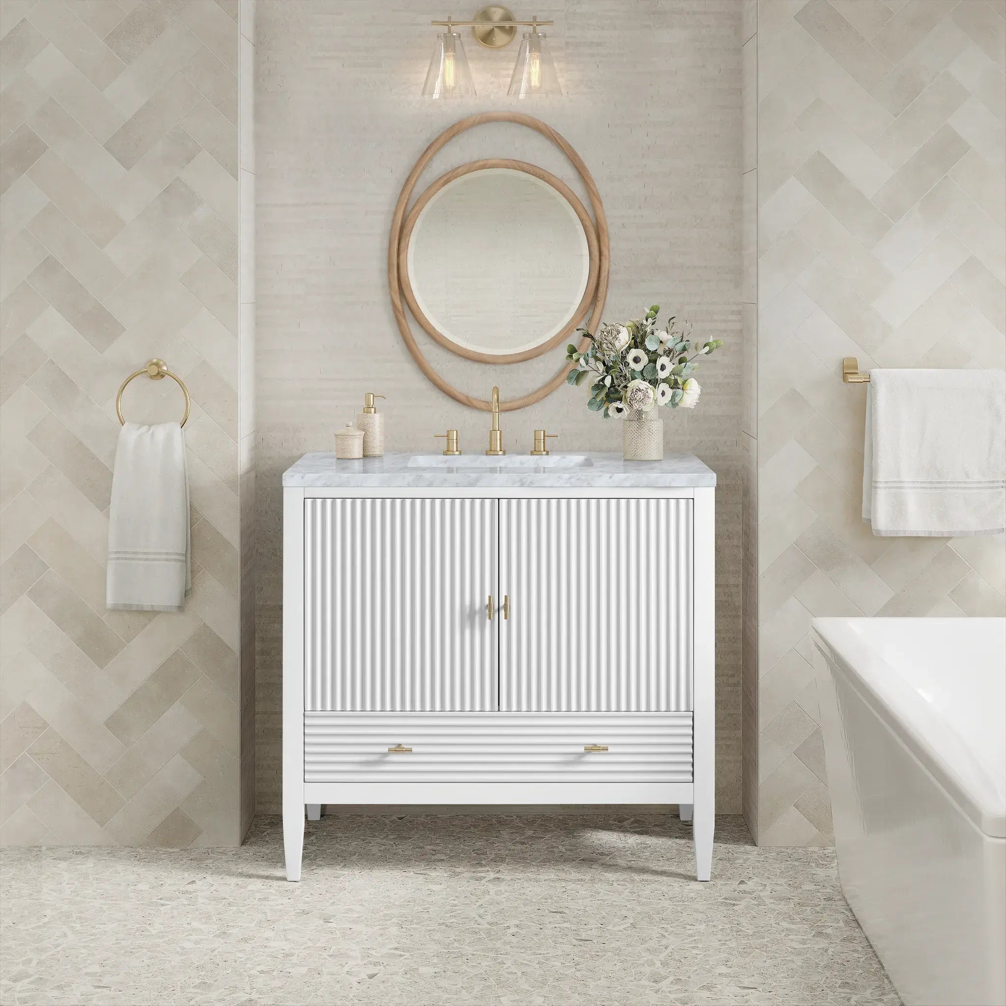 36" Myrrin Vanity in Bright White-Carrara White Marble-8" Widespread image 2