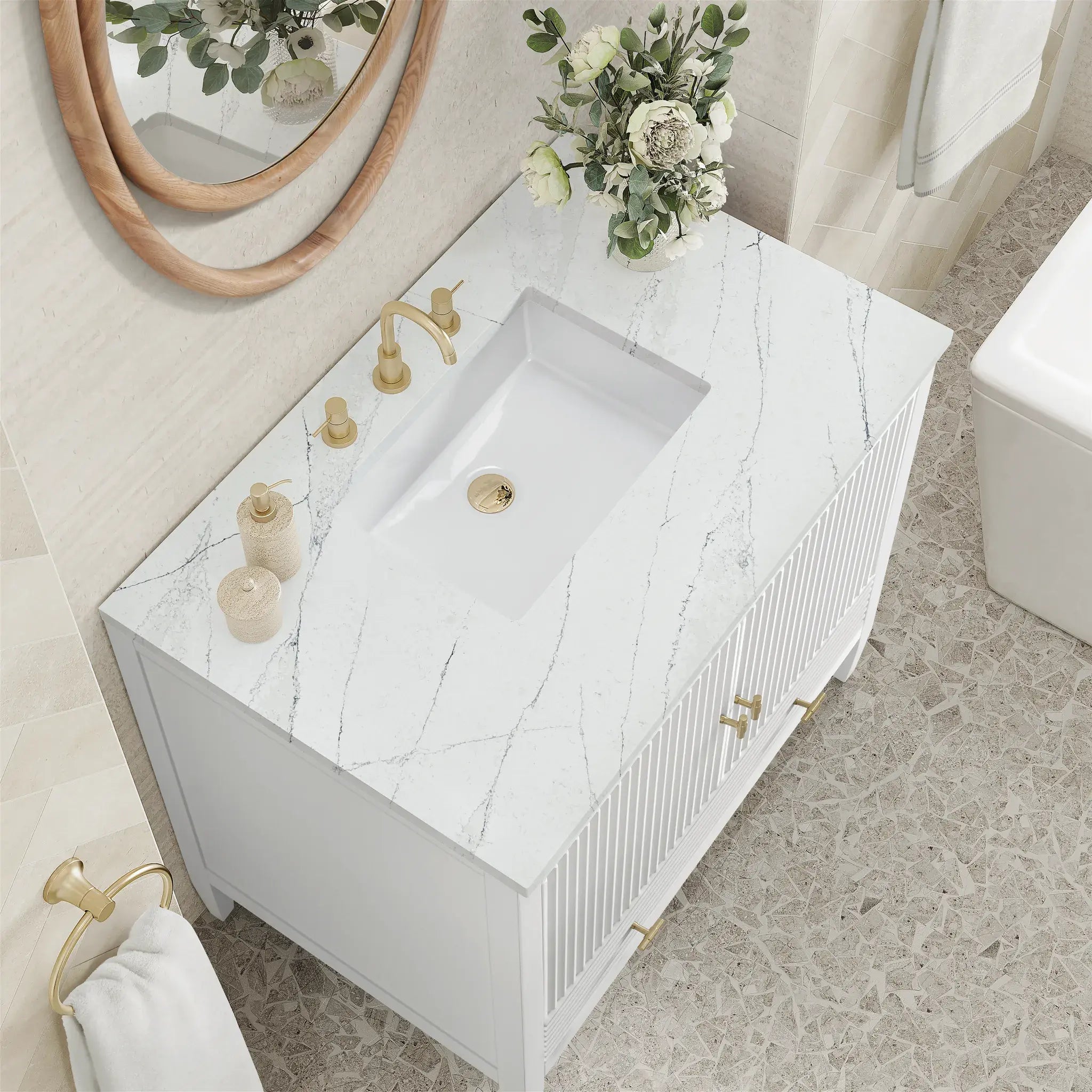 36" Myrrin Vanity in Bright White-Ethereal Noctis Silestone-8" Widespread image 6