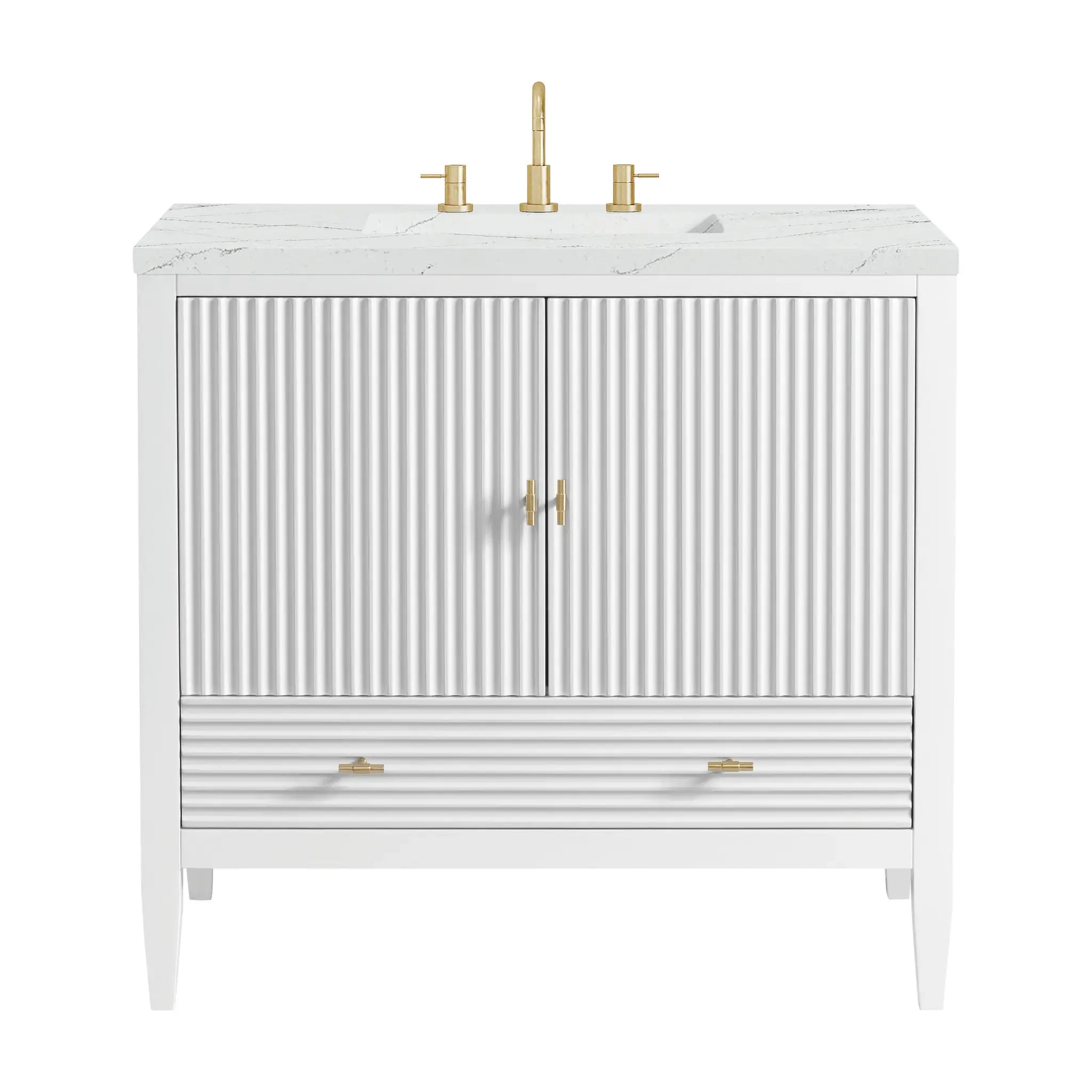 36" Myrrin Vanity in Bright White-Ethereal Noctis Silestone-8" Widespread image