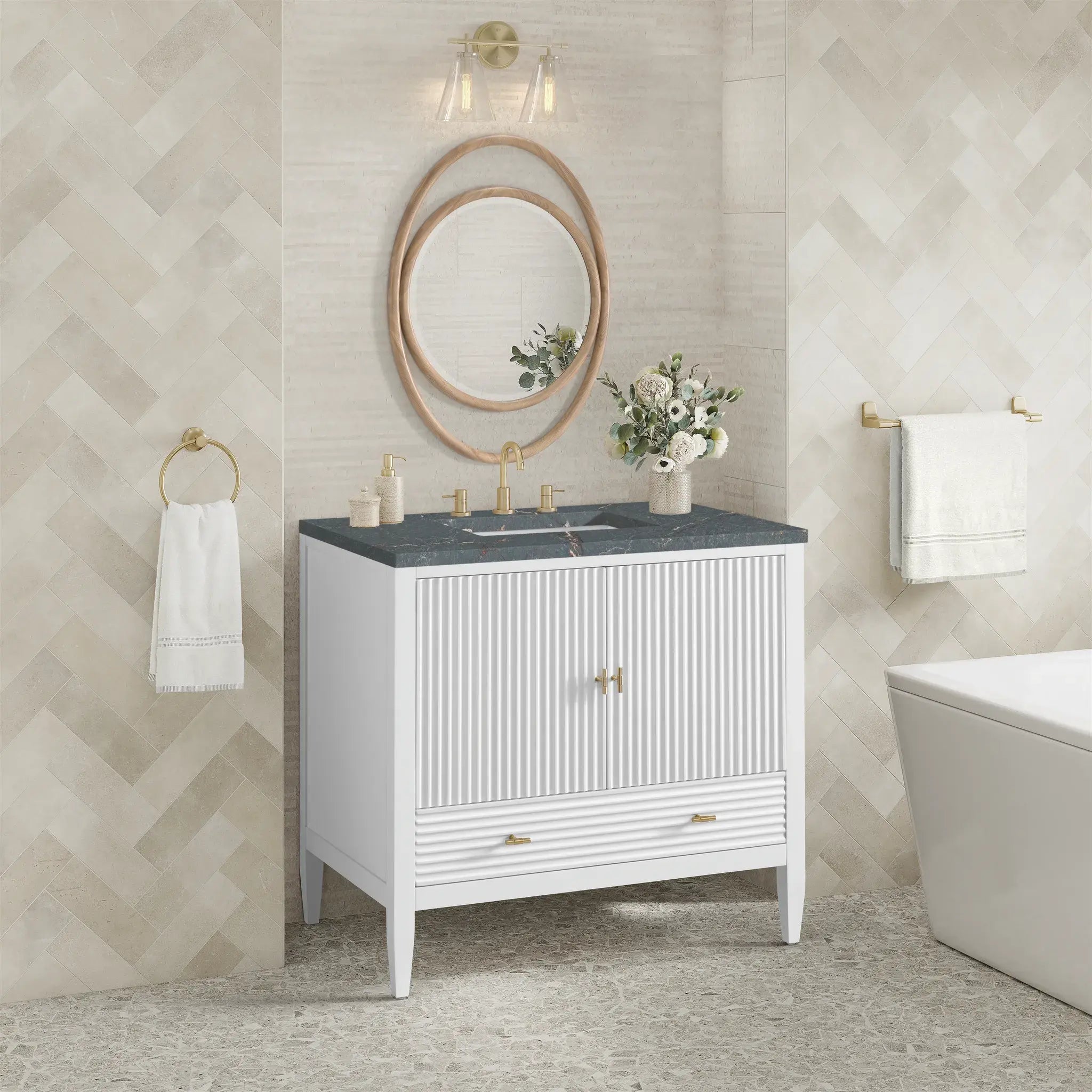 36" Myrrin Vanity in Bright White-Parisien Bleu Silestone-8" Widespread image 3