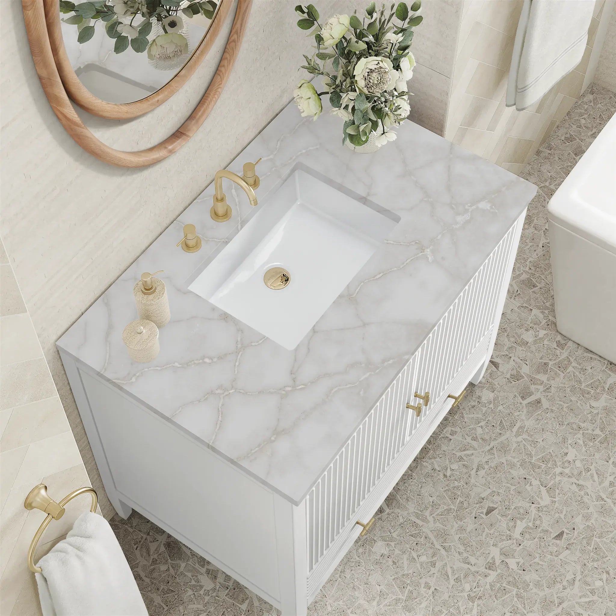 36" Myrrin Vanity in Bright White-Victorian Silver Silestone-8" Widespread image 6