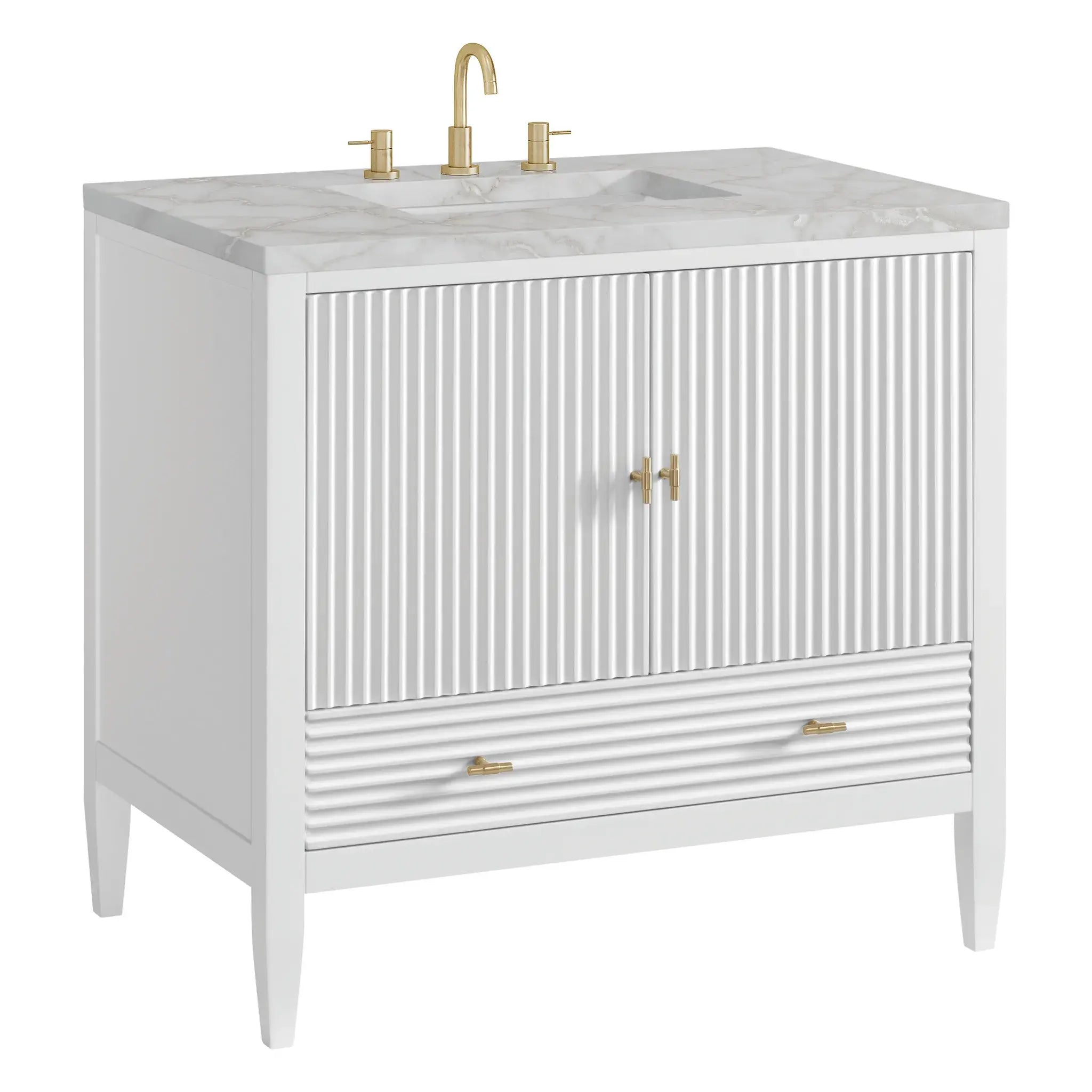 36" Myrrin Vanity in Bright White-Victorian Silver Silestone-8" Widespread image 9