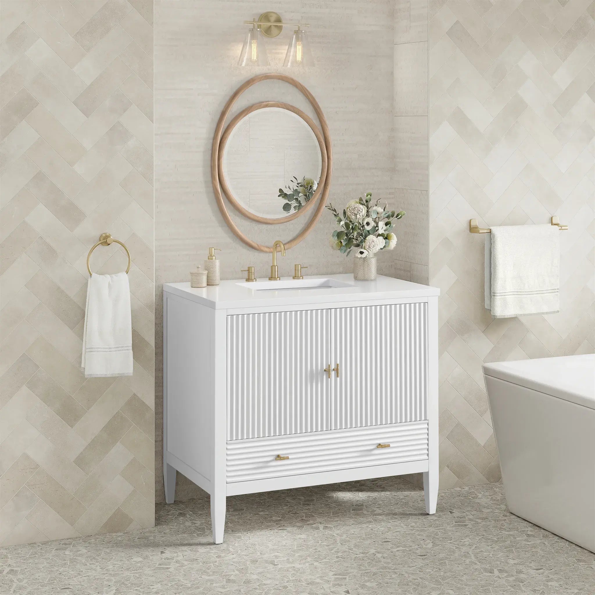36" Myrrin Vanity in Bright White-White Zeus Silestone-8" Widespread image 3
