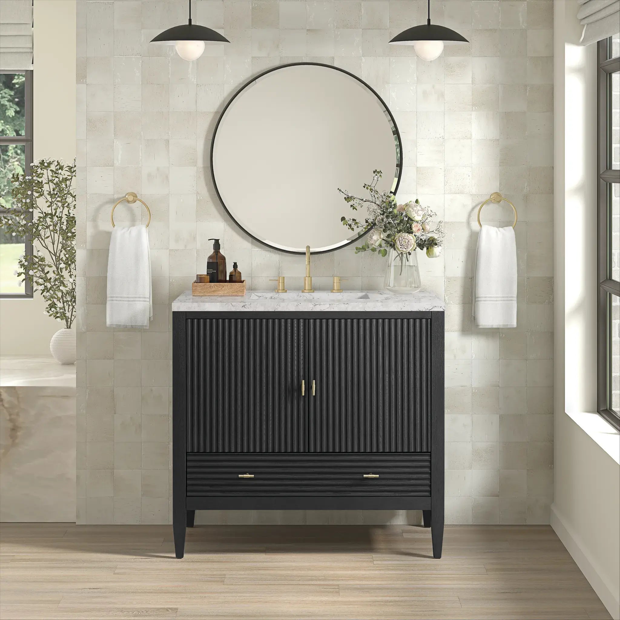 36" Myrrin Vanity in Carbon Oak-Eternal Jasmine Pearl Silestone-8" Widespread image 2