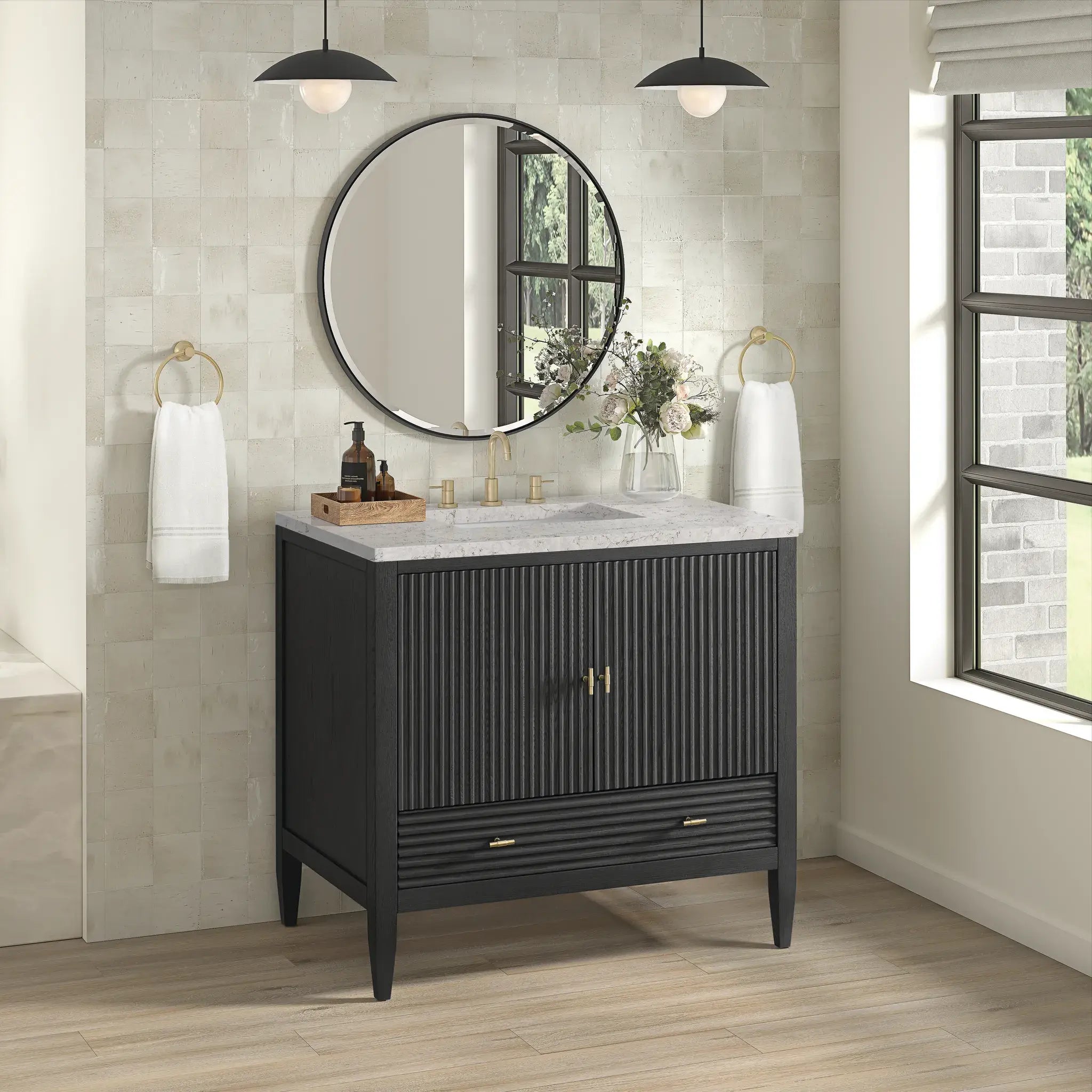 36" Myrrin Vanity in Carbon Oak-Eternal Jasmine Pearl Silestone-8" Widespread image 3