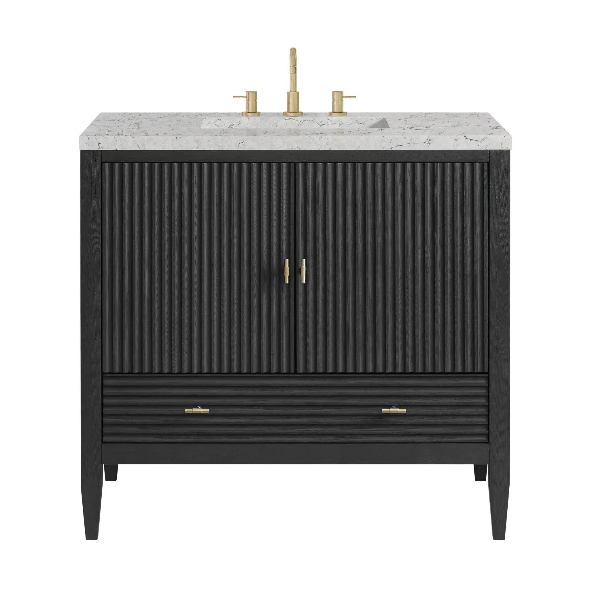 36" Myrrin Vanity in Carbon Oak-Eternal Jasmine Pearl Silestone-8" Widespread image