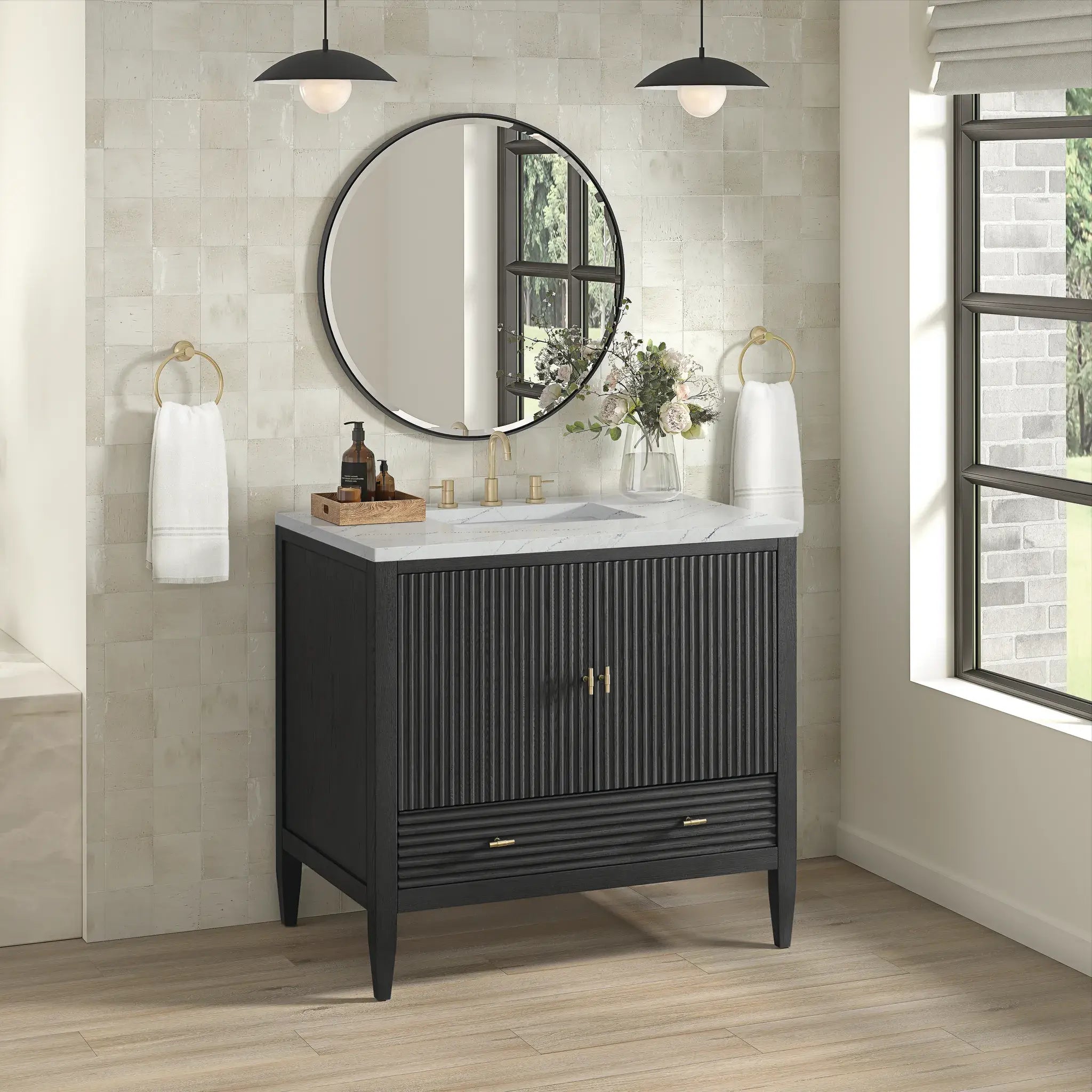 36" Myrrin Vanity in Carbon Oak-Ethereal Noctis Silestone-8" Widespread image 3