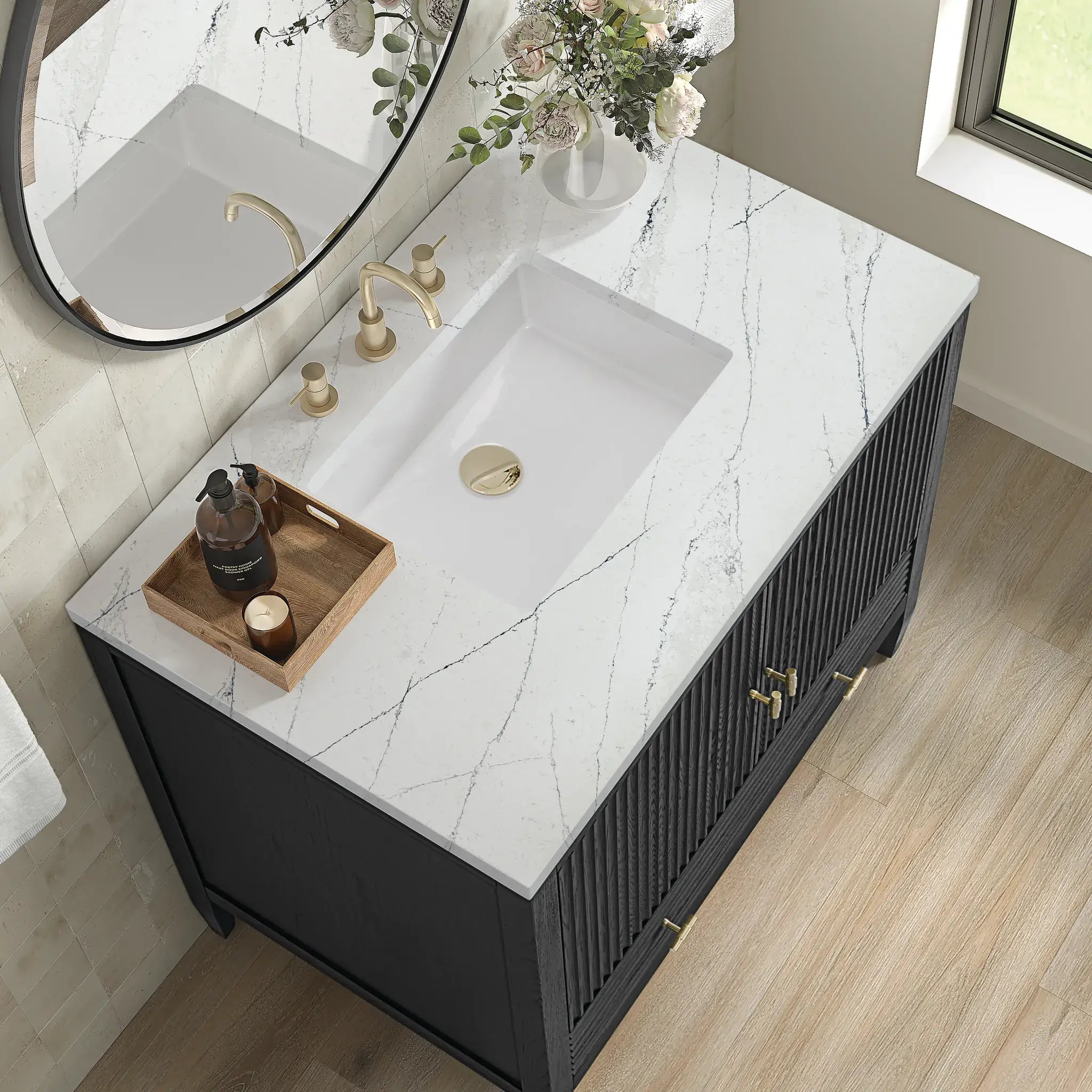 36" Myrrin Vanity in Carbon Oak-Ethereal Noctis Silestone-8" Widespread image 6