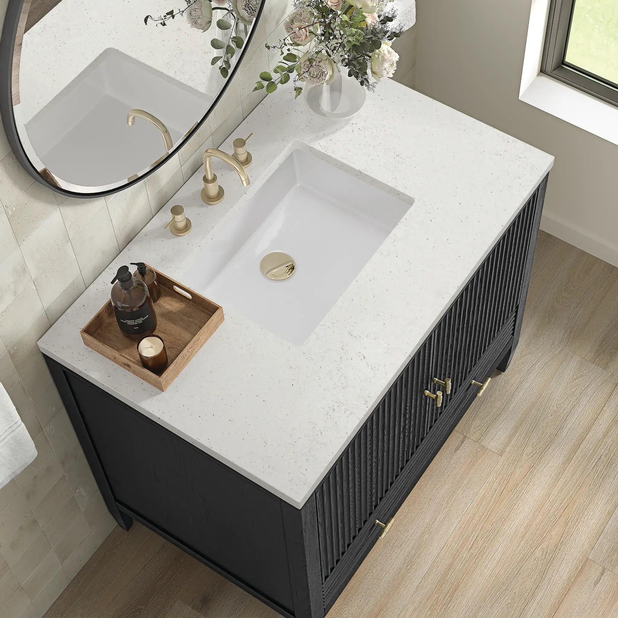 36" Myrrin Vanity in Carbon Oak-Lime Delight Silestone-8" Widespread image 6