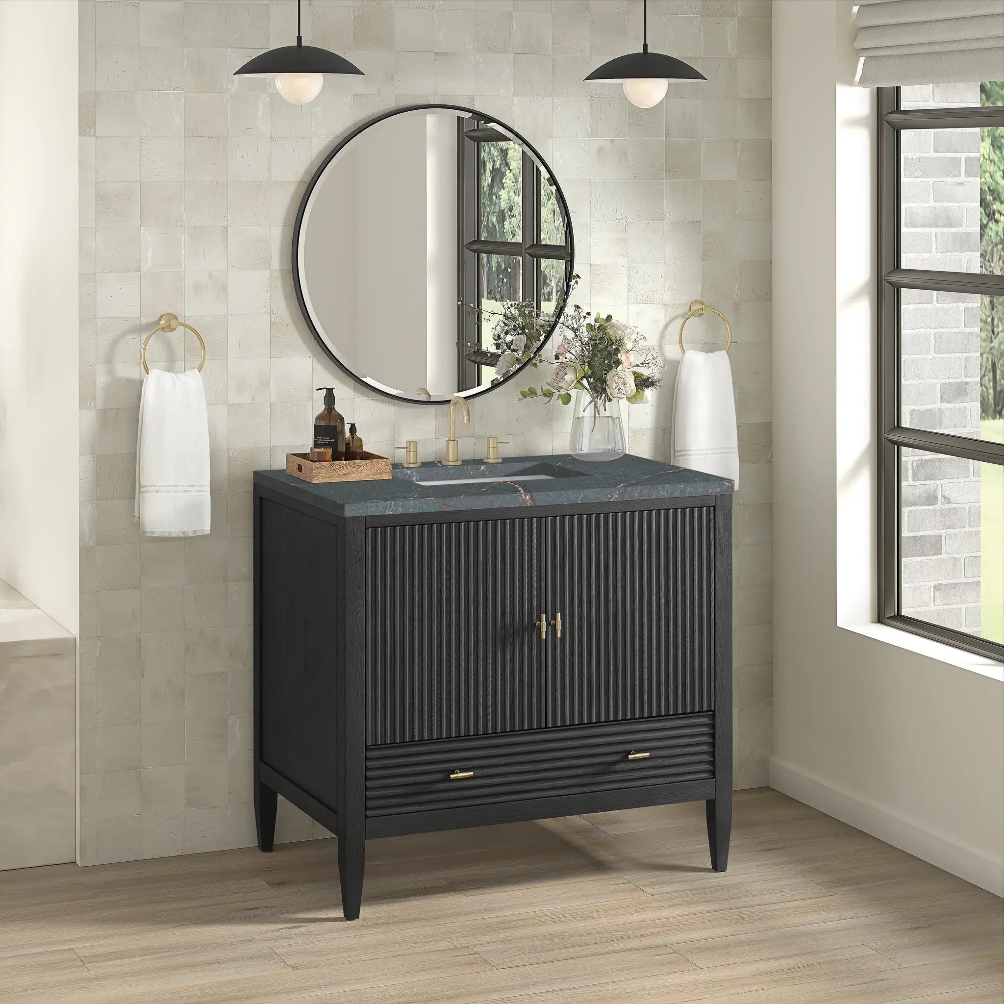 36" Myrrin Vanity in Carbon Oak-Parisien Bleu Silestone-8" Widespread image 3