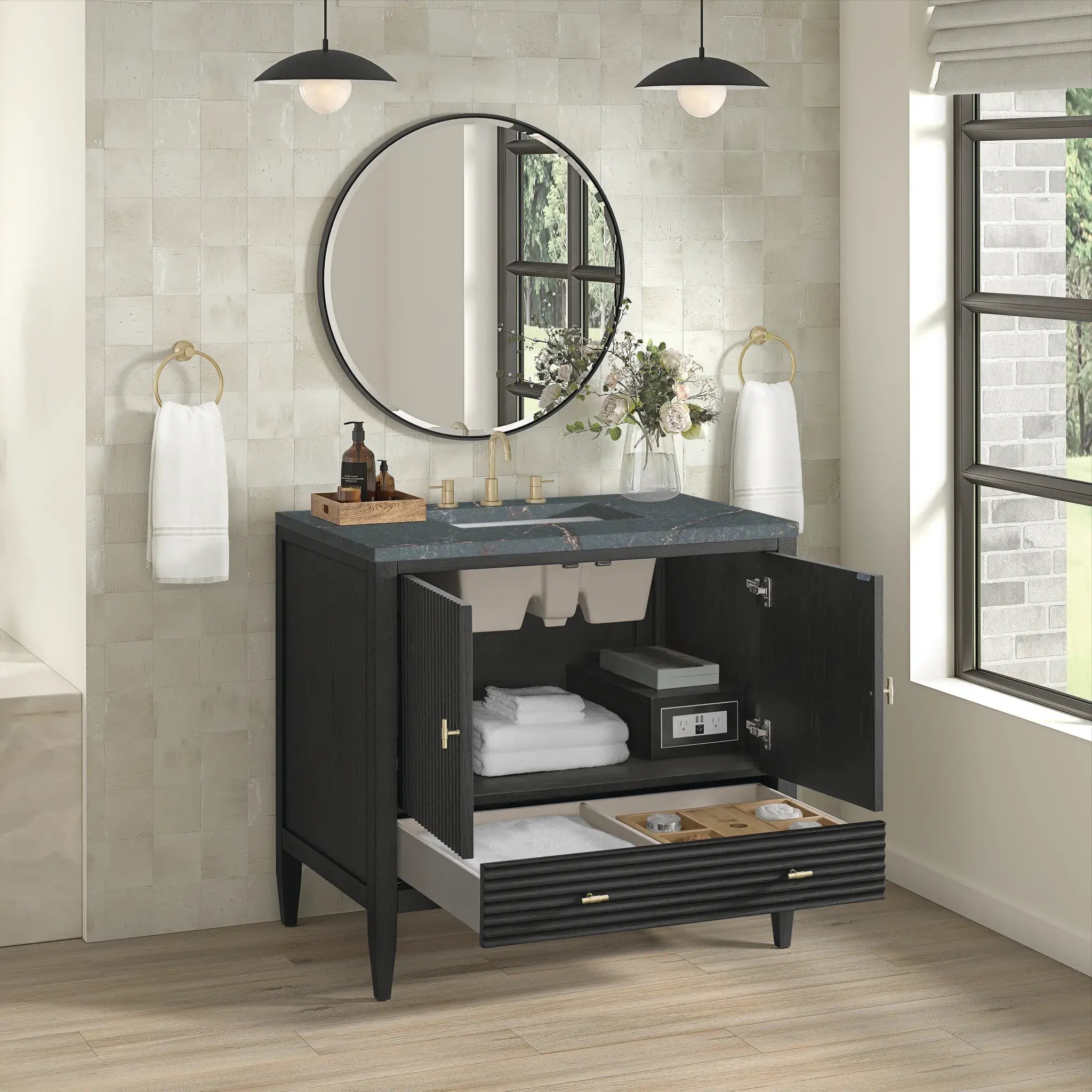 36" Myrrin Vanity in Carbon Oak-Parisien Bleu Silestone-8" Widespread image 4