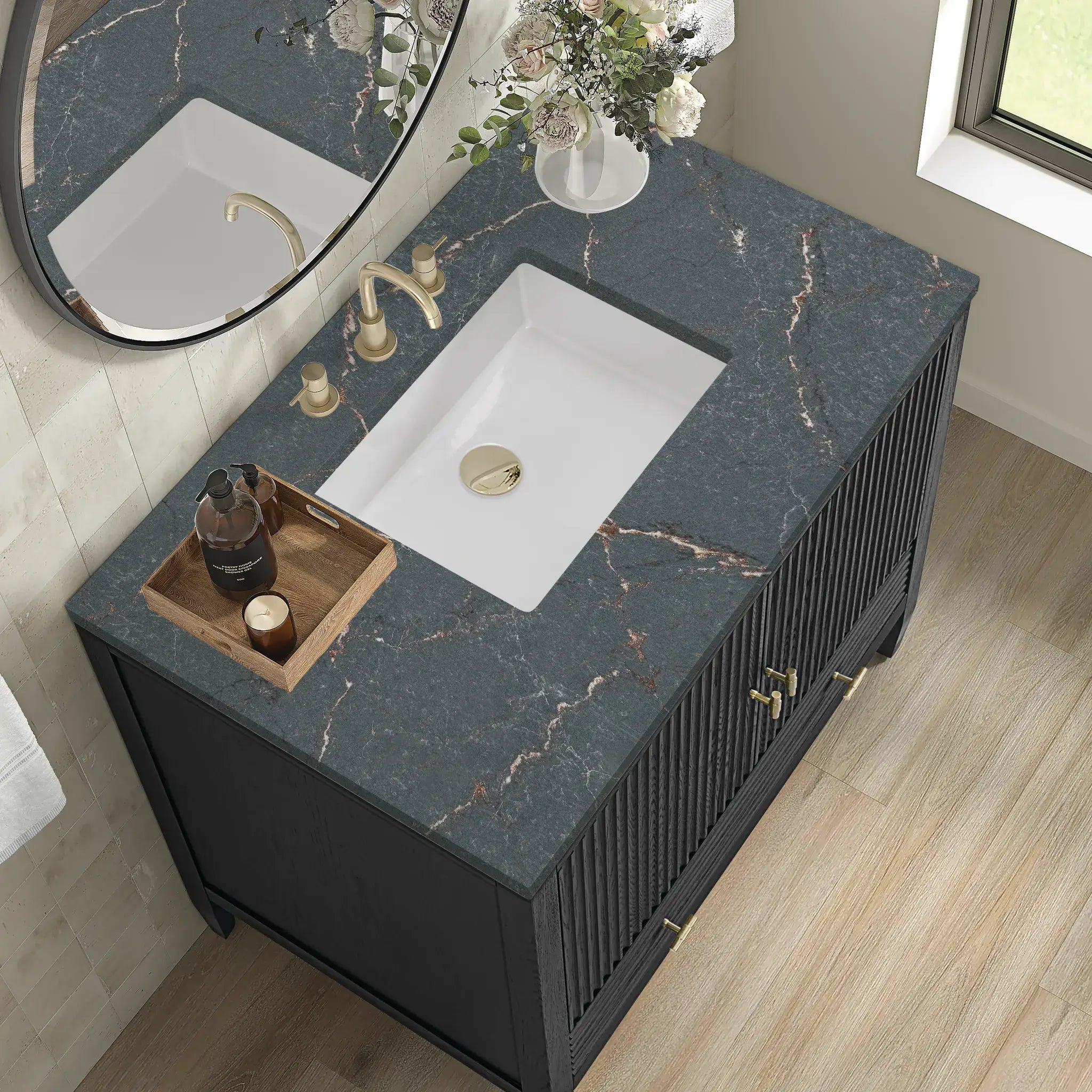 36" Myrrin Vanity in Carbon Oak-Parisien Bleu Silestone-8" Widespread image 6