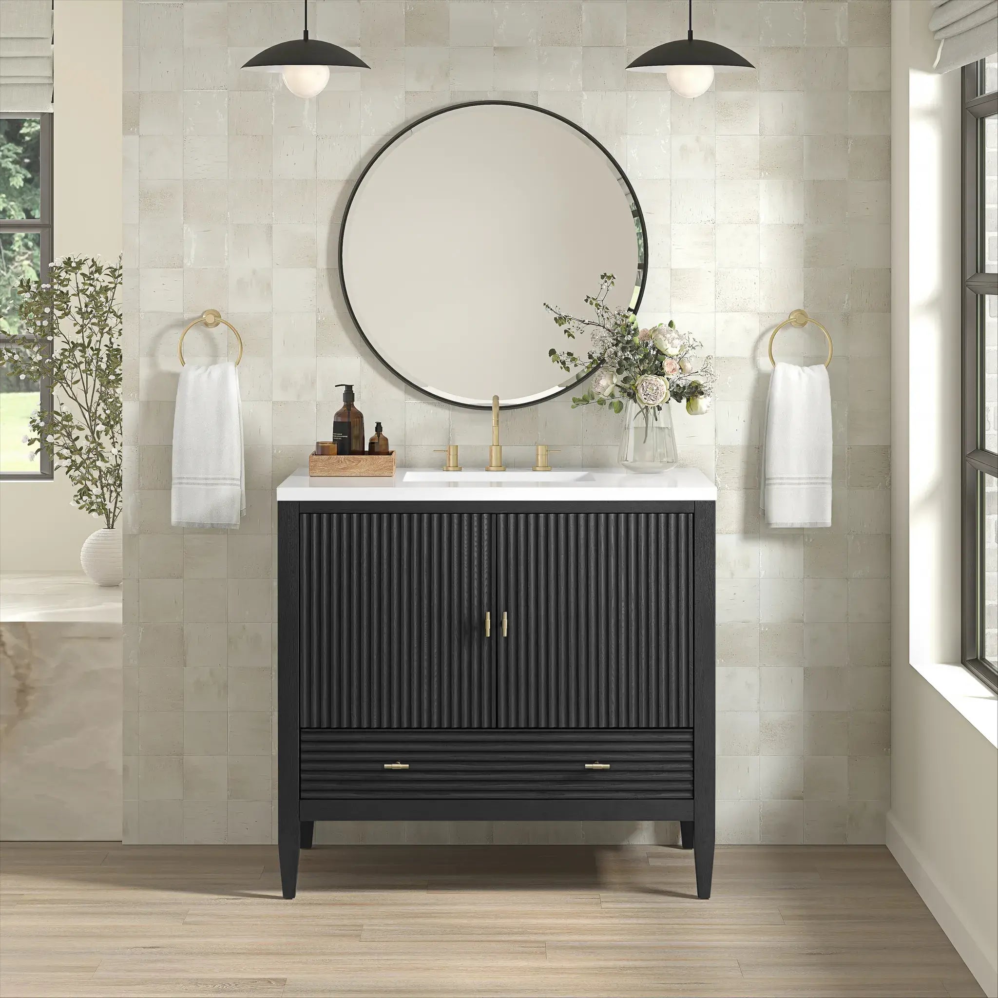 36" Myrrin Vanity in Carbon Oak-White Zeus Silestone-8" Widespread image 2