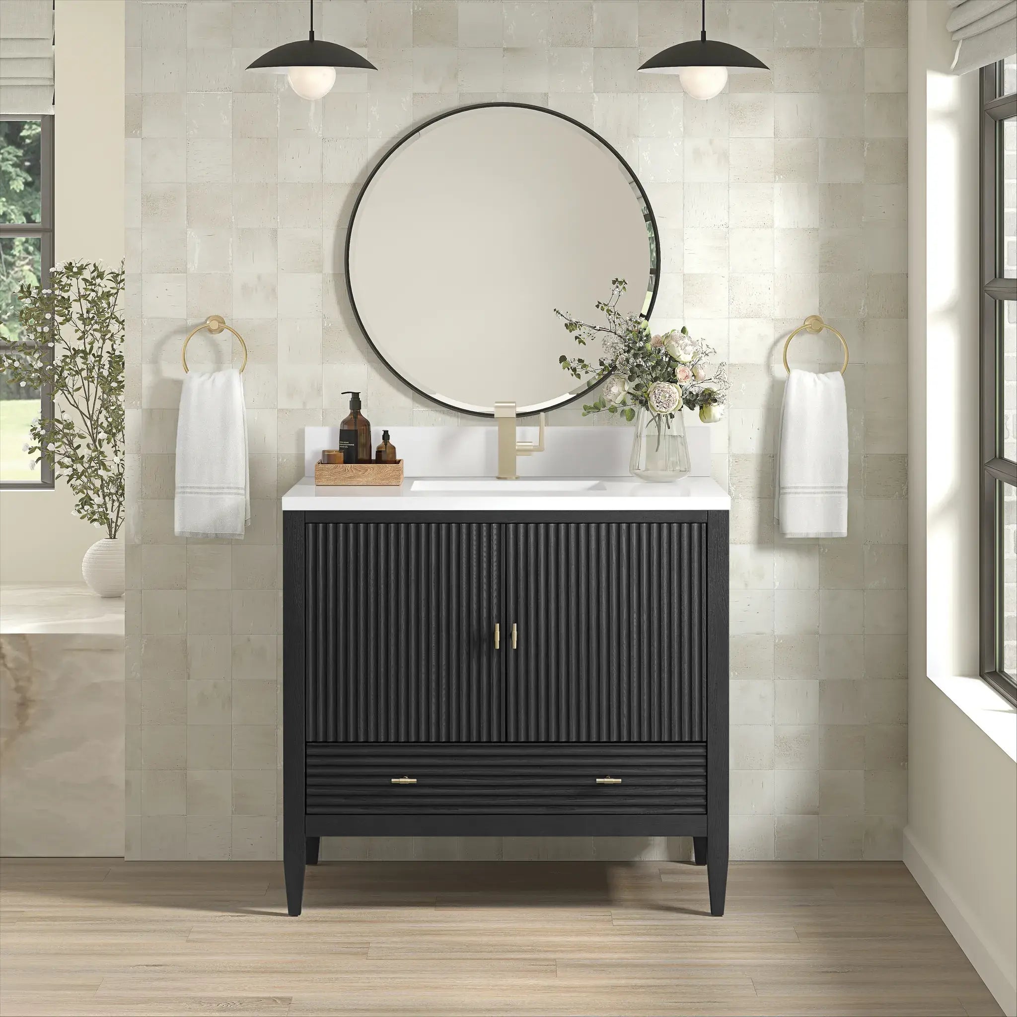 36" Myrrin Vanity in Carbon Oak-White Zeus Silestone & Backsplash-Single Hole image 1