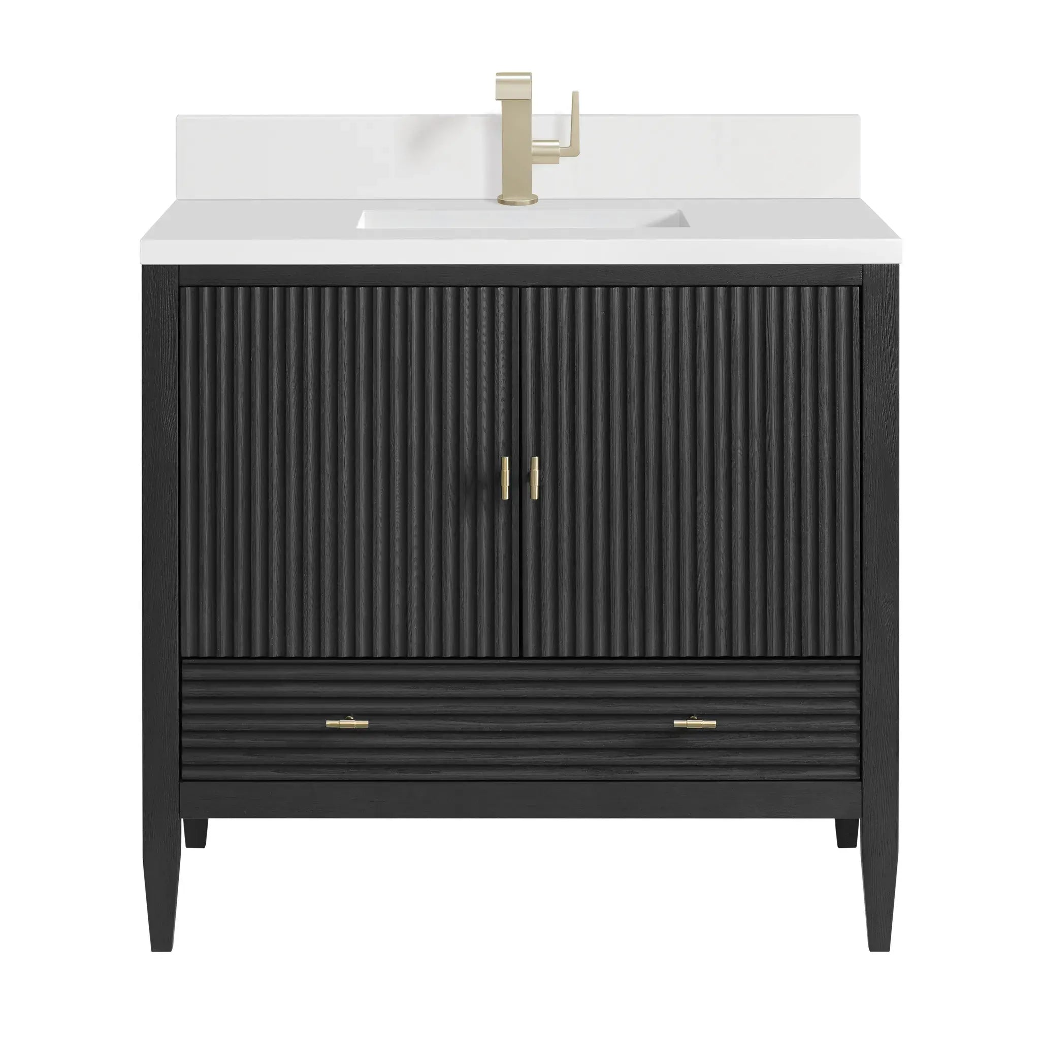 36" Myrrin Vanity in Carbon Oak-White Zeus Silestone & Backsplash-Single Hole image