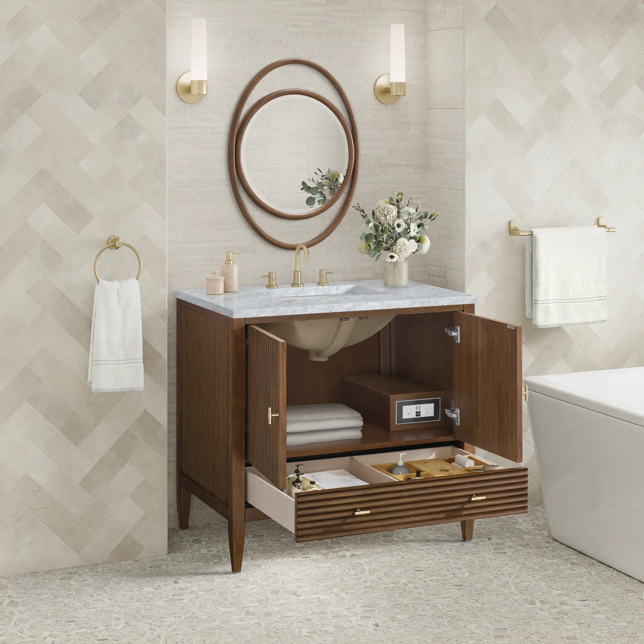 36" Myrrin Vanity in Mid Century Walnut-Carrara White Marble-8" Widespread image 4