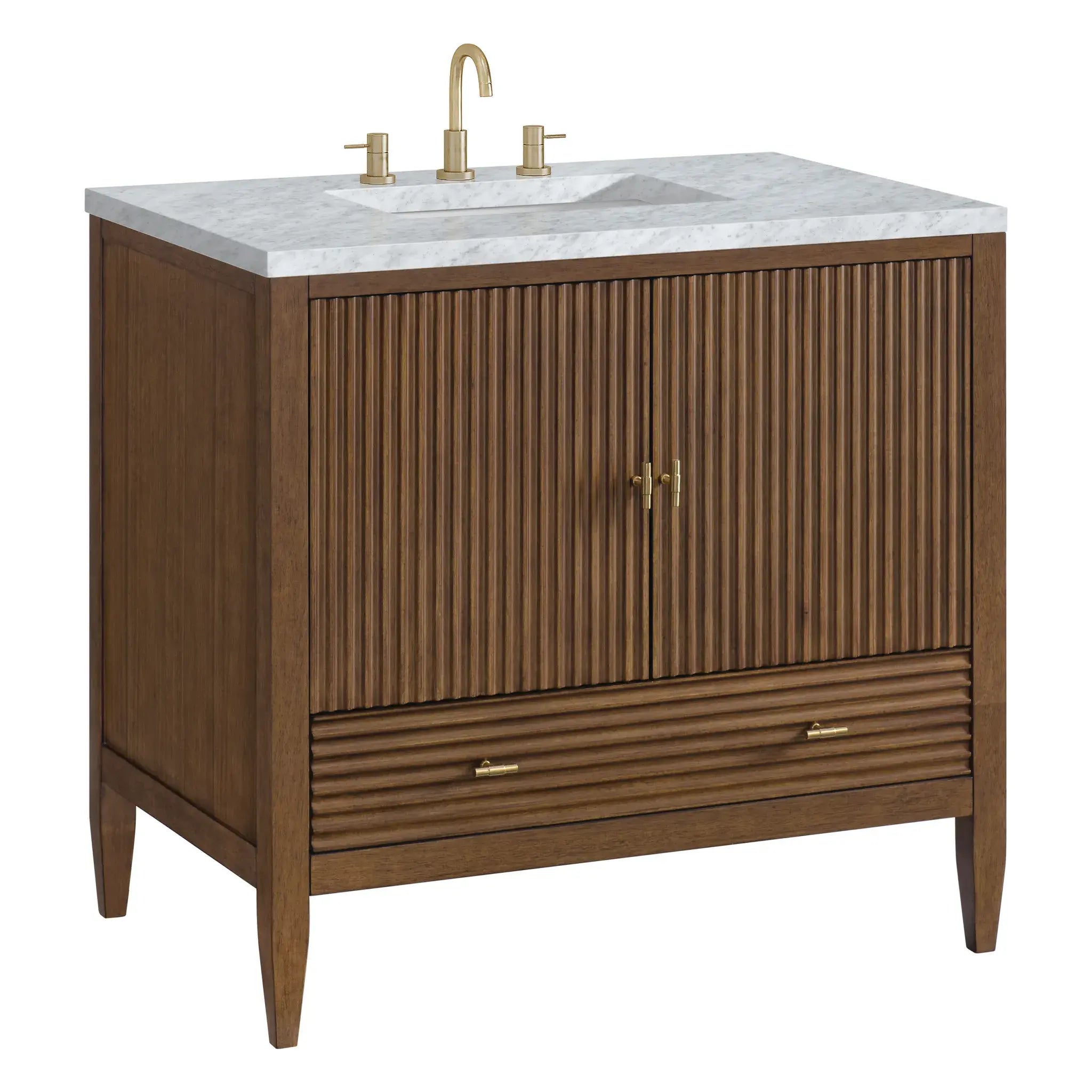 36" Myrrin Vanity in Mid Century Walnut-Carrara White Marble-8" Widespread image 9