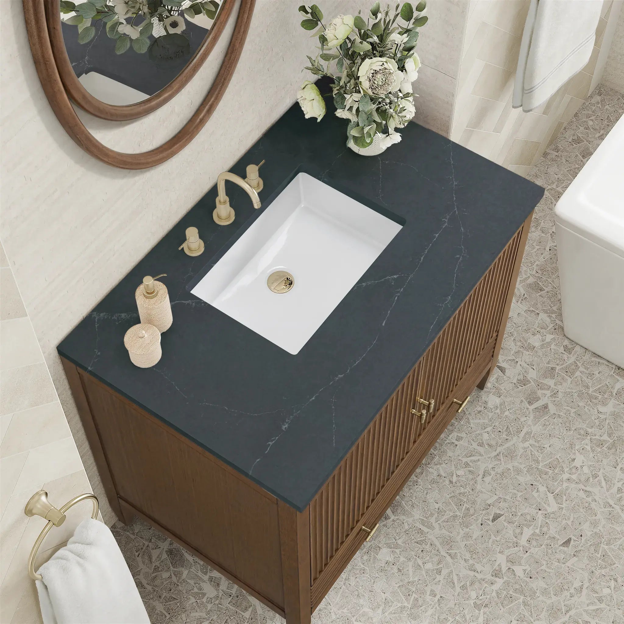 36" Myrrin Vanity in Mid Century Walnut-Charcoal Soapstone Silestone-8" Widespread image