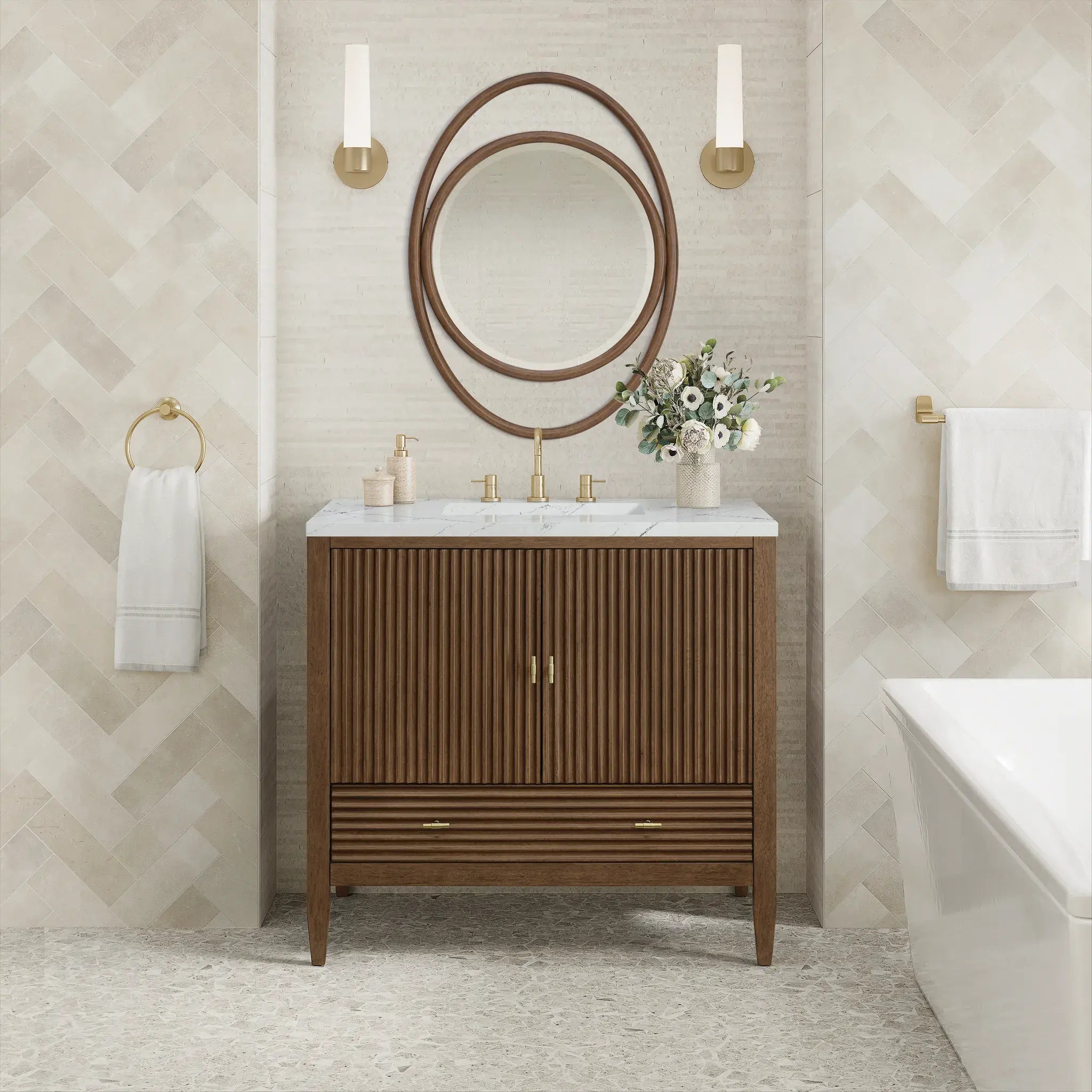 36" Myrrin Vanity in Mid Century Walnut-Ethereal Noctis Silestone-8" Widespread image 2