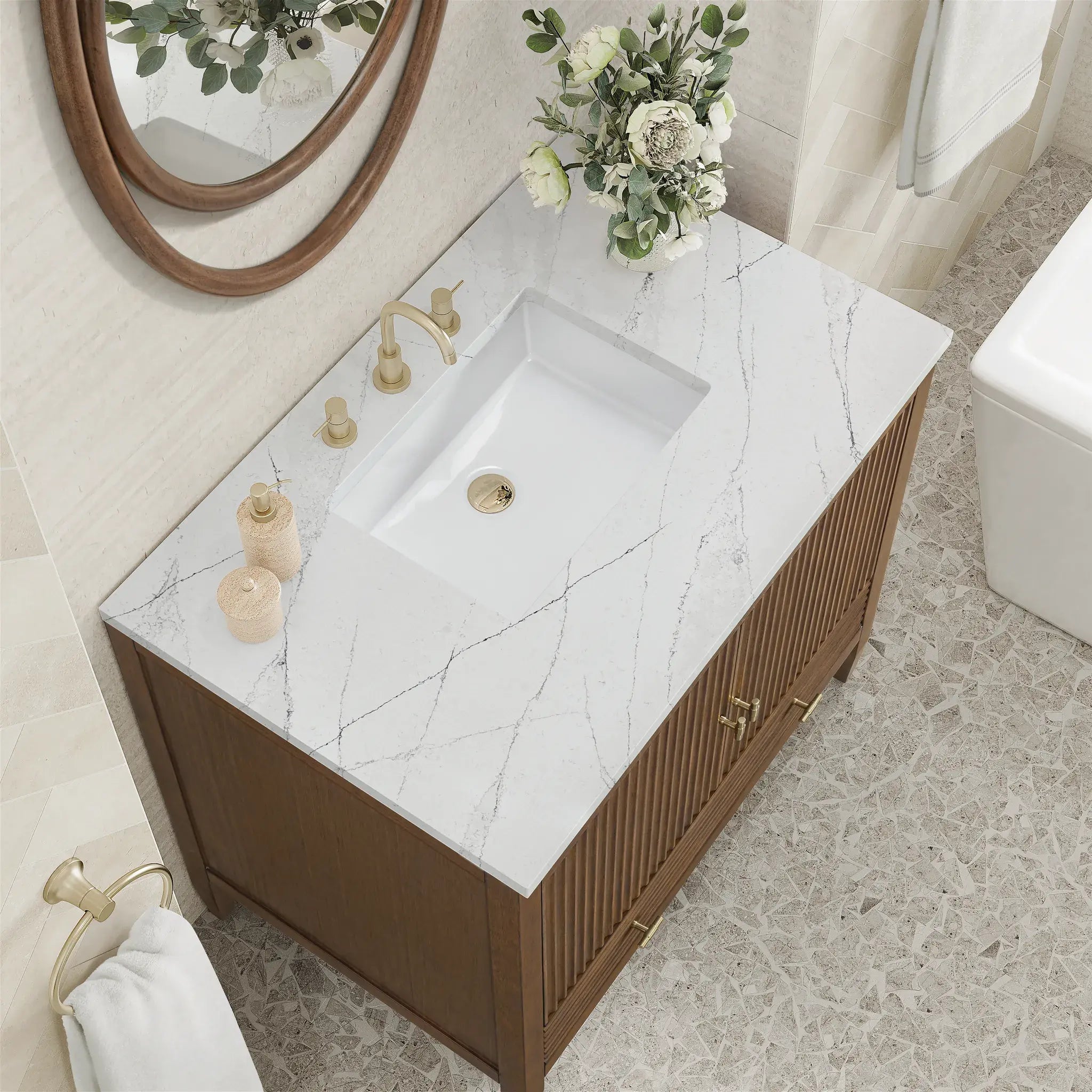 36" Myrrin Vanity in Mid Century Walnut-Ethereal Noctis Silestone-8" Widespread image 6