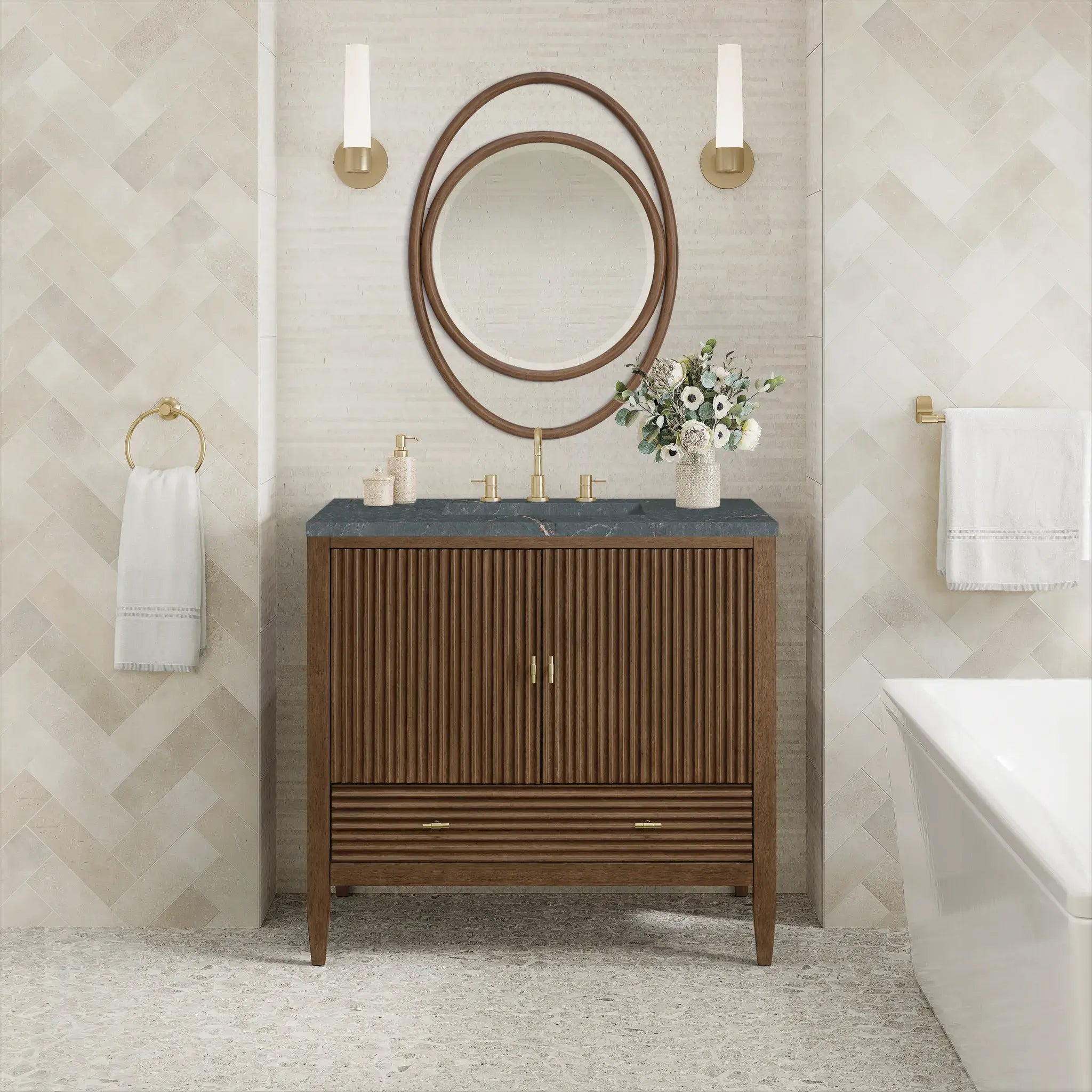 36" Myrrin Vanity in Mid Century Walnut-Parisien Bleu Silestone-8" Widespread image 2